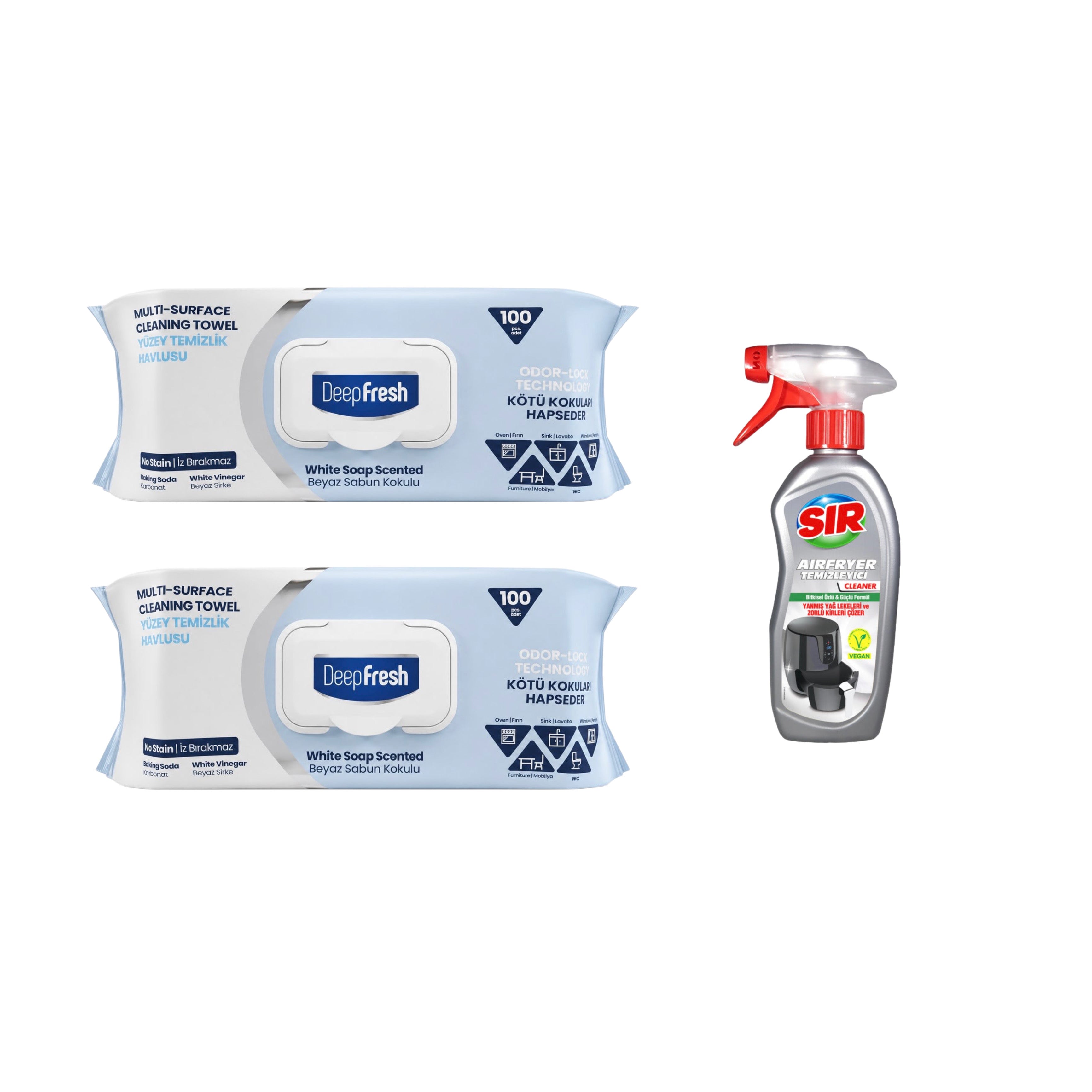 Şerveţele umede pentru multi suprafeţe cu bicarbonat și oțet Clasice Odor Lock Deep Fresh 100 de bucăți × 2 pachete + Soluție pentru curățare aparate Air Fryer Sir