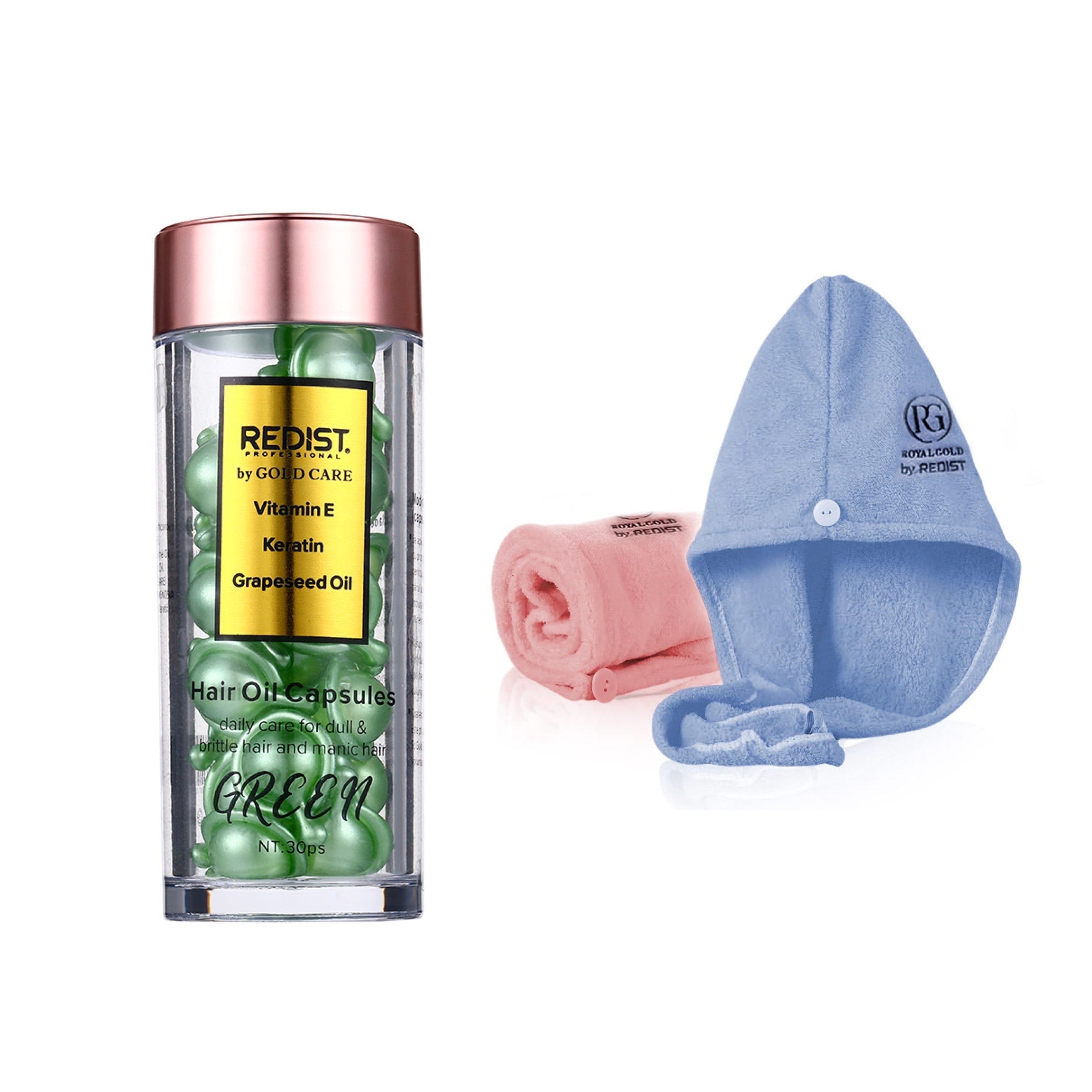 Capsule Green pentru un par sanatos cu Vitamina E, Keratina si Ulei din samburi de Struguri Redist, 30 buc + Set 2 prosoape pentru par Redist by Royal Gold - Redist