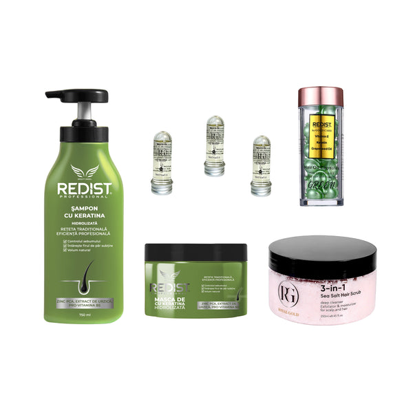 Gama pentru hidratare cu Keratină Hidrolizată Redist + Scrub pentru scalp 3 în 1 + Capsule ser tratament Green + 3 x mască lichidă reparatoare Royal Gold