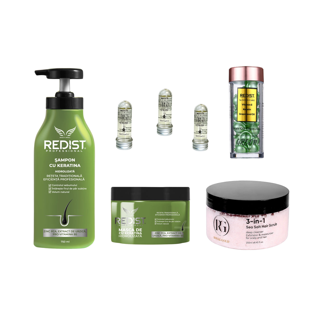 Gama pentru hidratare cu Keratină Hidrolizată Redist + Scrub pentru scalp 3 în 1 + Capsule ser tratament Green + 3 x mască lichidă reparatoare Royal Gold