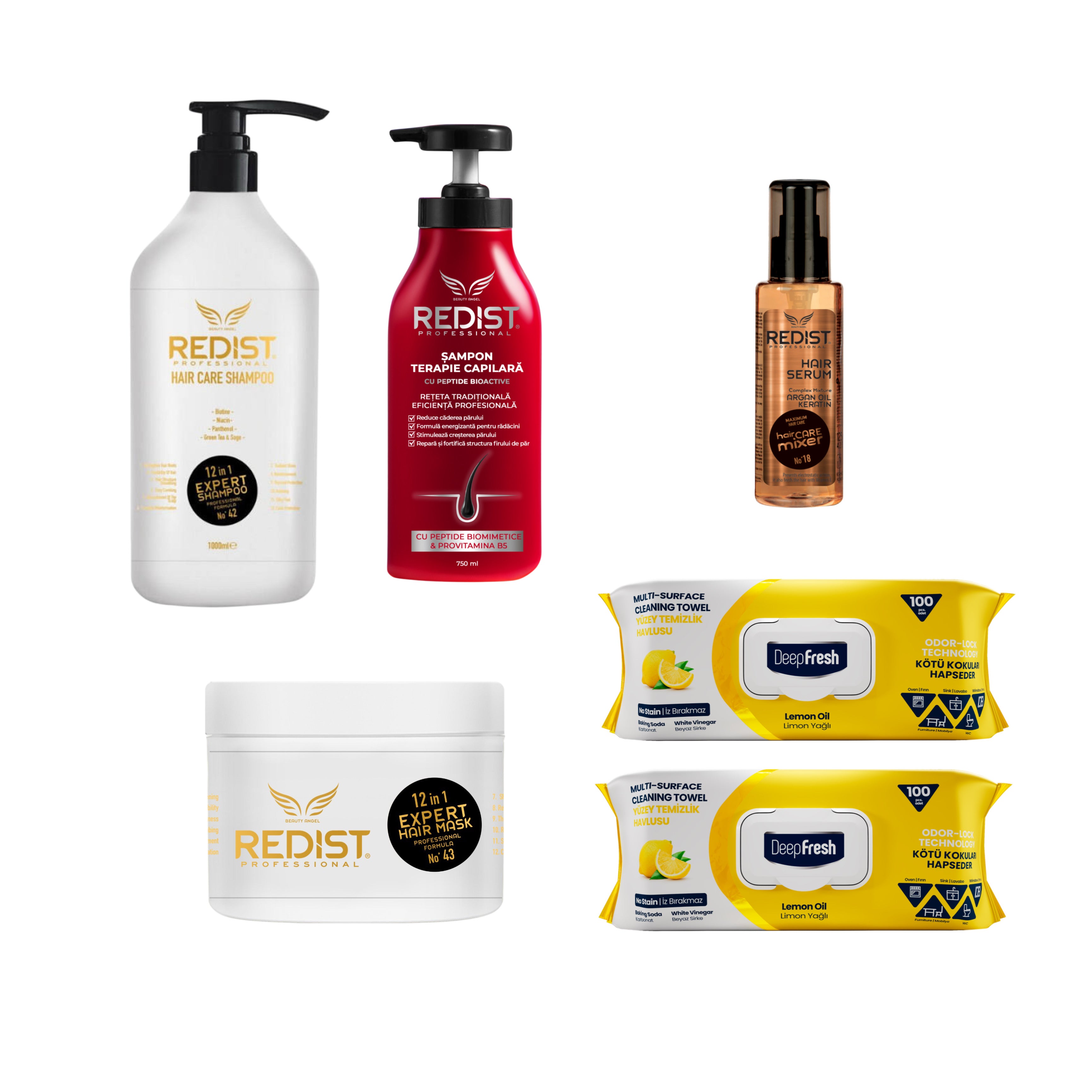 Kit Redist Creștere și Regenerare + Ser Keratina și Argan + 2 x Șervețele Deep Fresh Odor Lock Technology lămâie