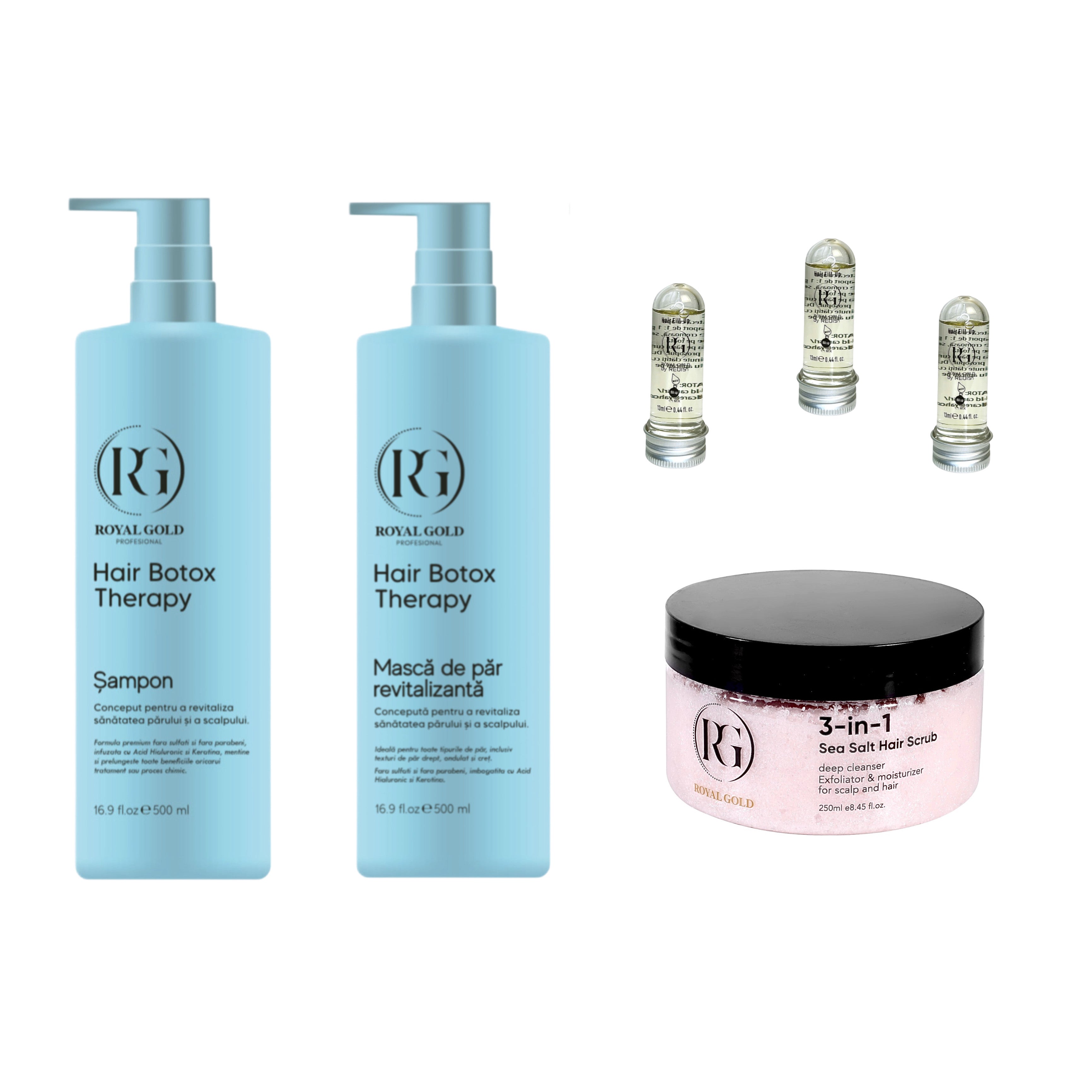Gama hidratare intensă Boto Therapy + Scrub pentru scalp 3 in 1 Royal Gold + 3 fiole mască lichidă reparatoare Royal Gold