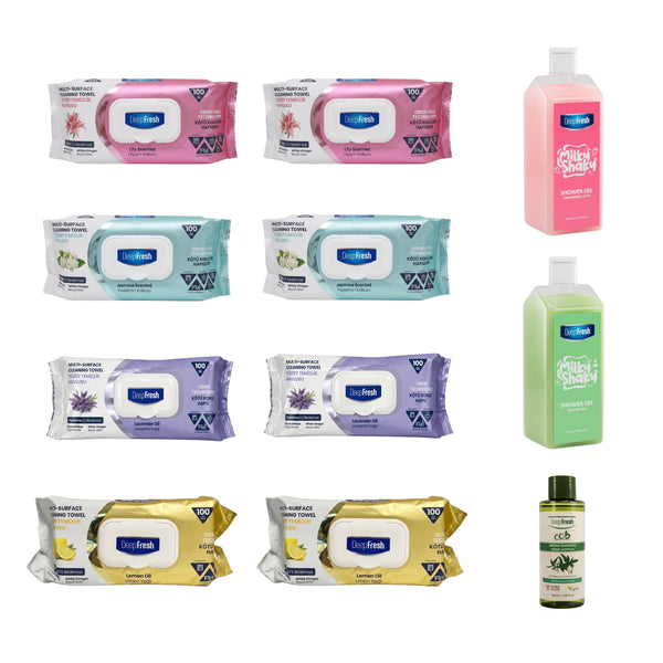 Pachet mixt 8 pachete șervețele Deep Fresh cu bicarbonat și oțet + Geluri de duș Milky Shaky Deep Fresh + Șampon Eco Argan