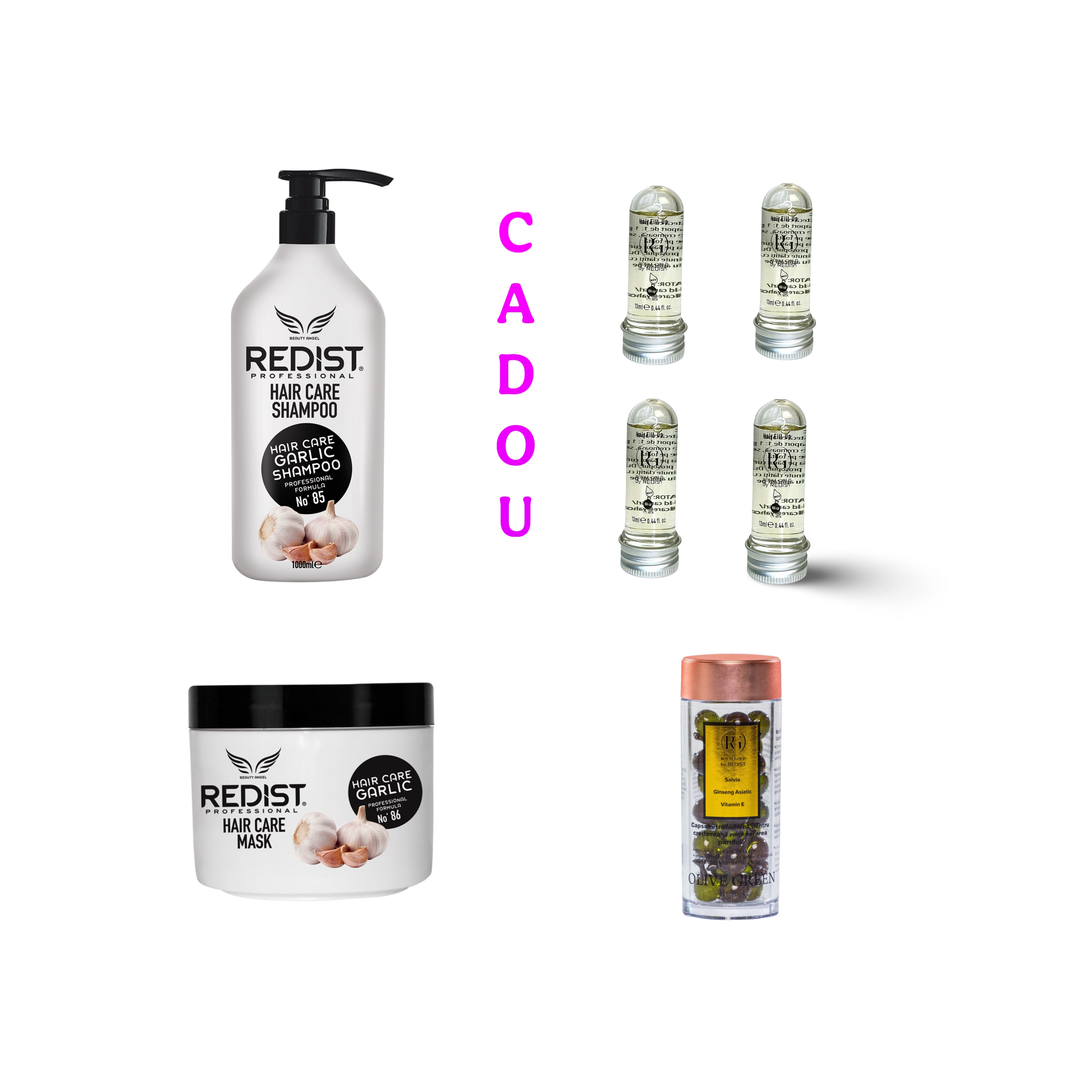 Sampon cu usturoi 1000 ml + Masca cu usturoi + Capsule tratament pentru cresterea si regenerarea parului cu Salvie 30 buc + CADOU : Mască de păr lichidă fiolă tratament Redist 13 ml × 4 bucăți - Redist