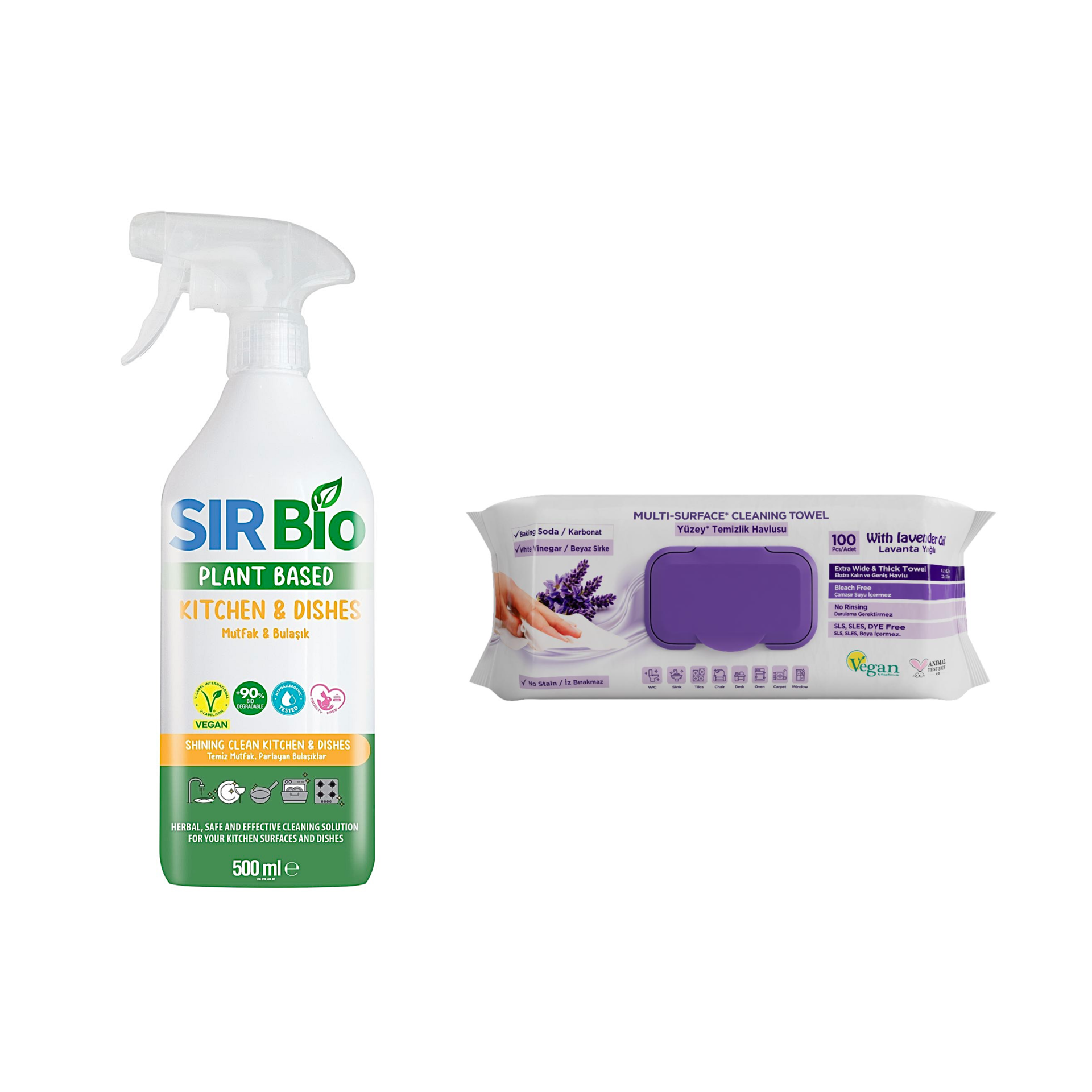 Soluție de curățare pentru bucătărie Sir Bio 500 ml + Şerveţele umede pentru multi suprafeţe cu lavandă , bicarbonat şi oțet Deep Fresh 100 de bucăți - Redist