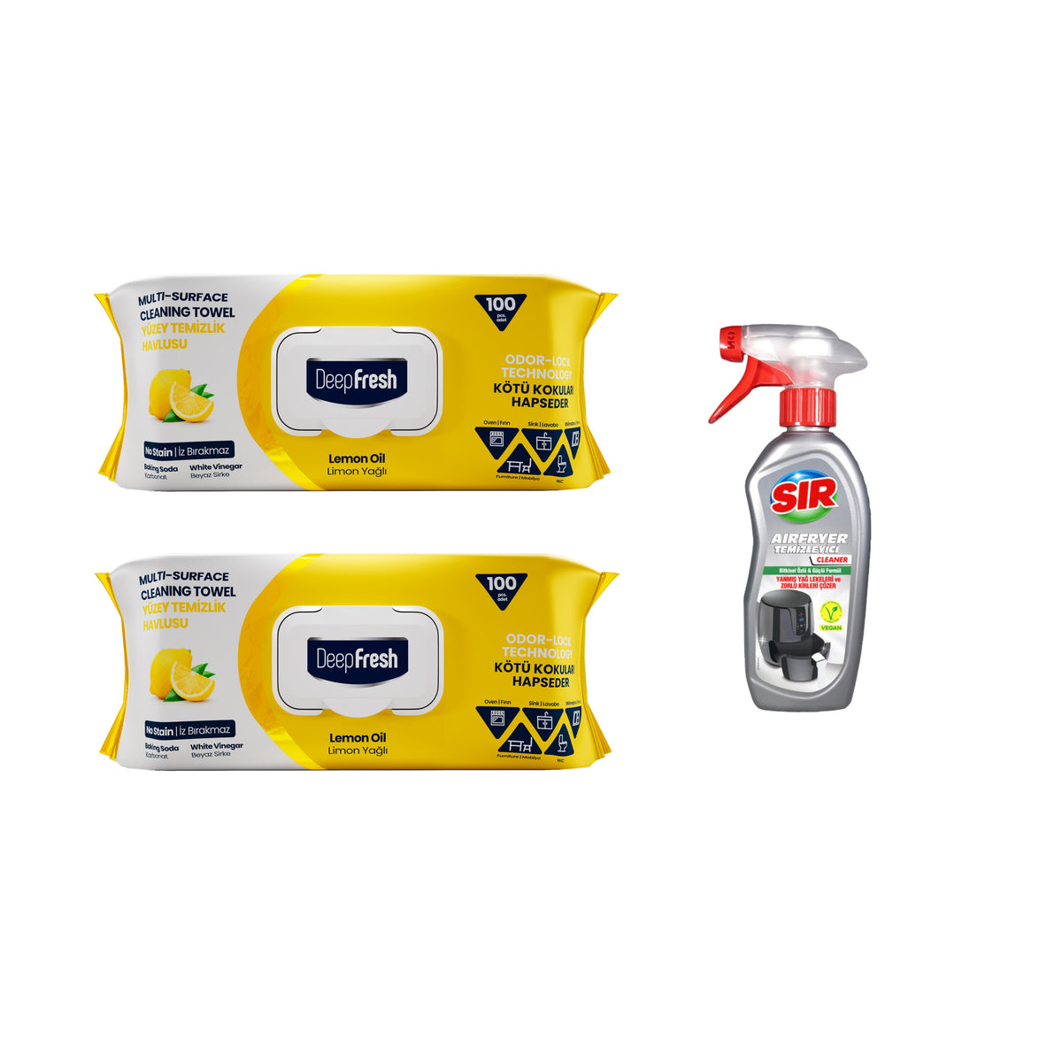 Şerveţele umede pentru multi suprafeţe cu bicarbonat, oțet și lămâie Odor Lock Deep Fresh 100 de bucăți × 2 pachete + Soluție pentru curățare aparate Air Fryer Sir