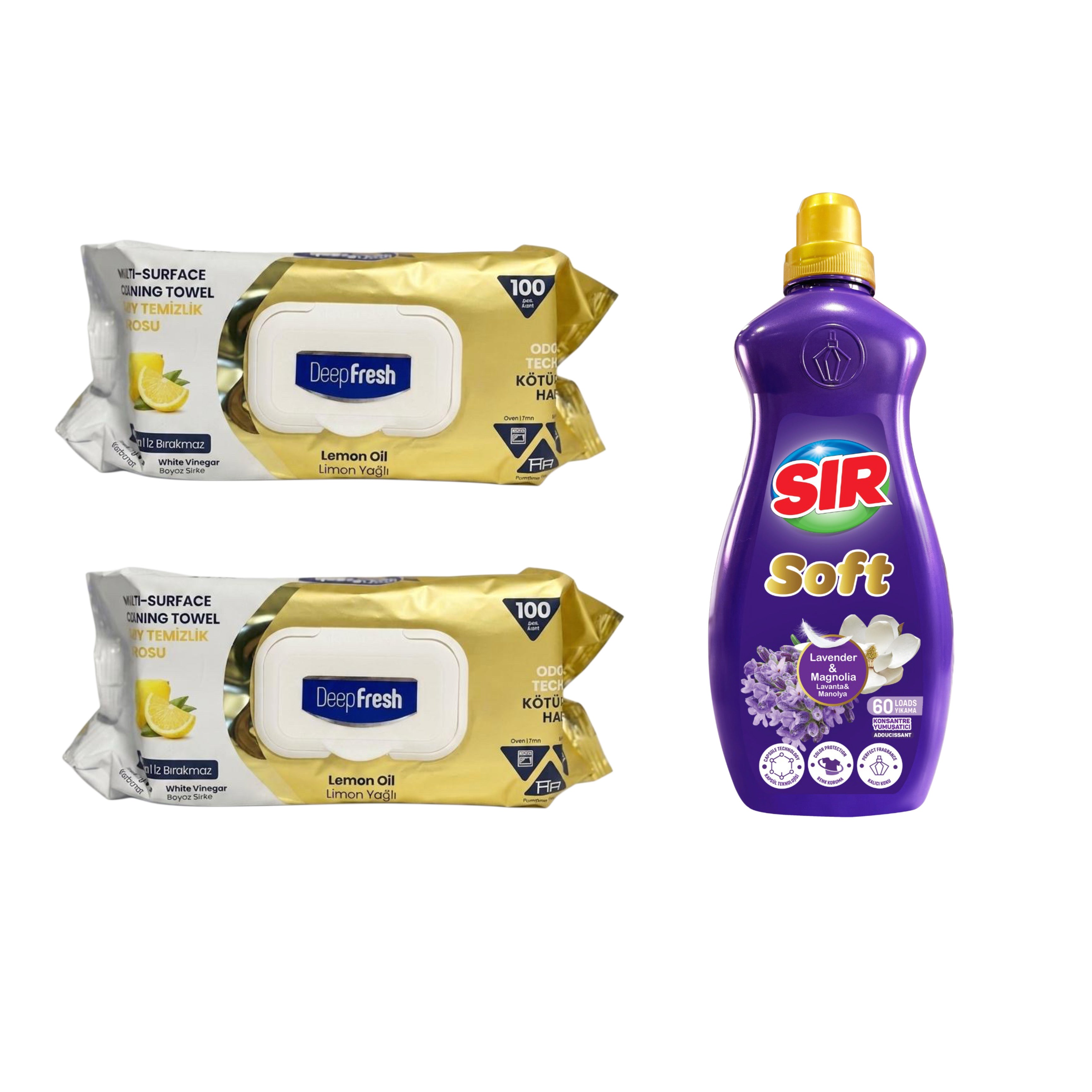 Şerveţele umede pentru multi suprafeţe cu Lămâie, bicarbonat şi oțet Deep Fresh Odor Lock Technology 100 de bucăți x 2 pachete + Balsam pentru rufe Sir Soft Lavandă și Magnolie