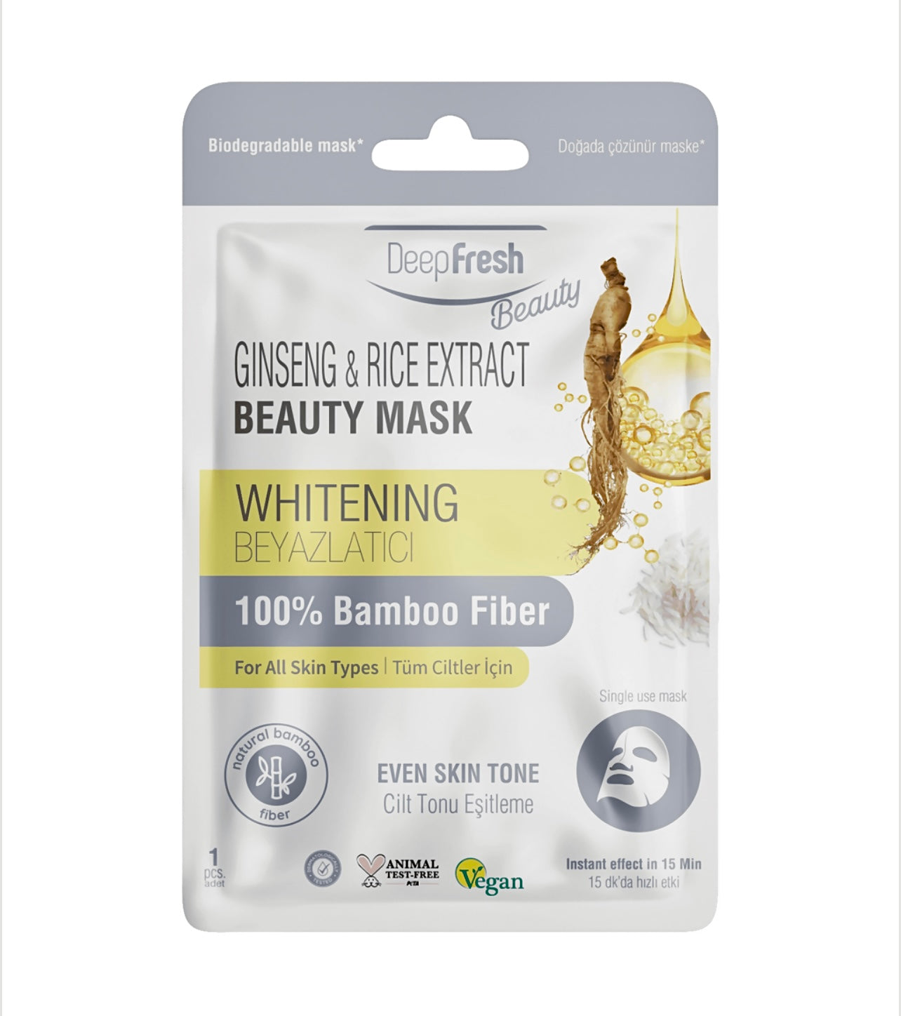 Mască servetel pentru față cu efect de albire cu Ginseng şi Extract de Orez DeepFresh