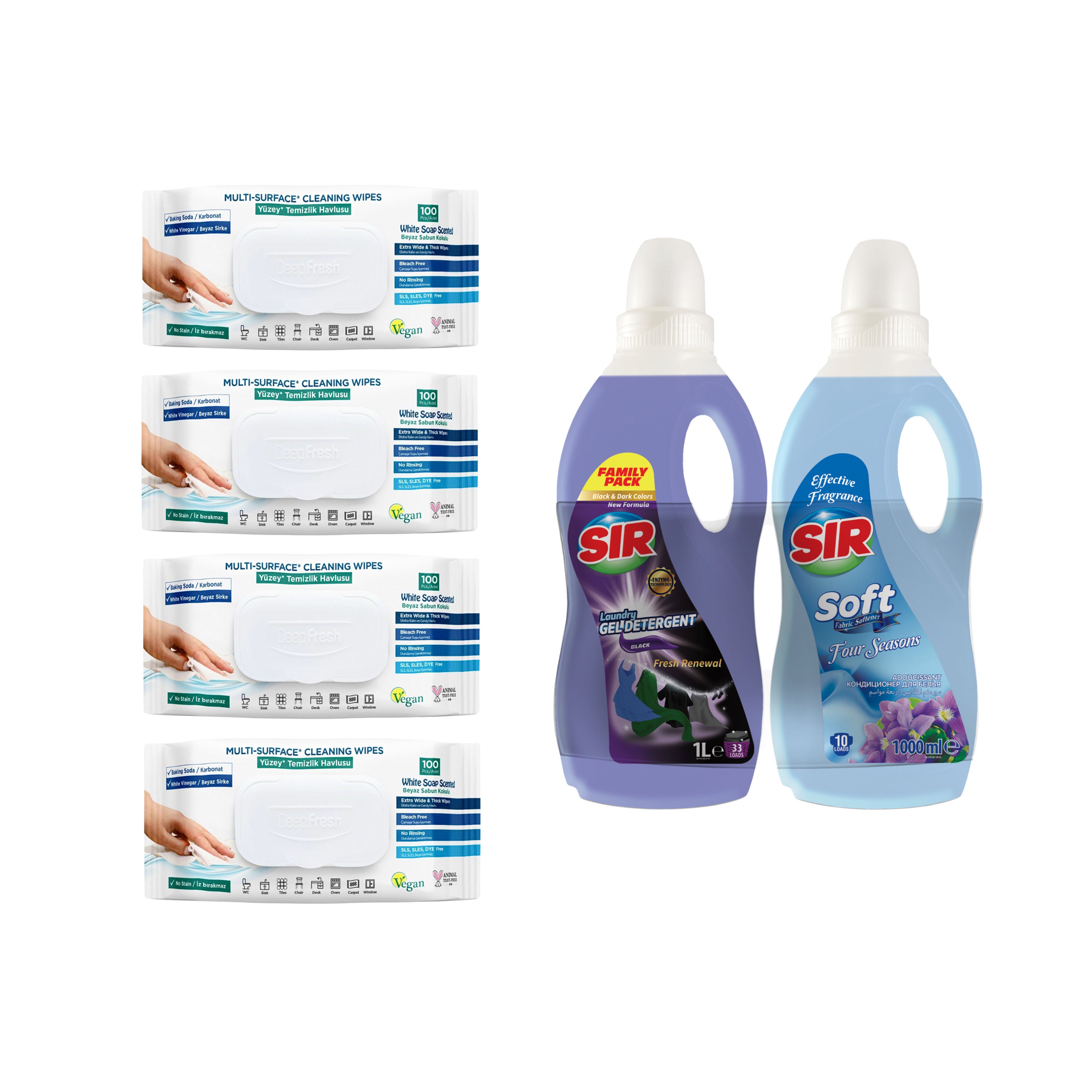 Şerveţele umede pentru multi suprafeţe cu bicarbonat şi oțet  Deep Fresh Clasice 100 de bucăți × 4 pachete + Detergent rufe negre + Balsam rufe