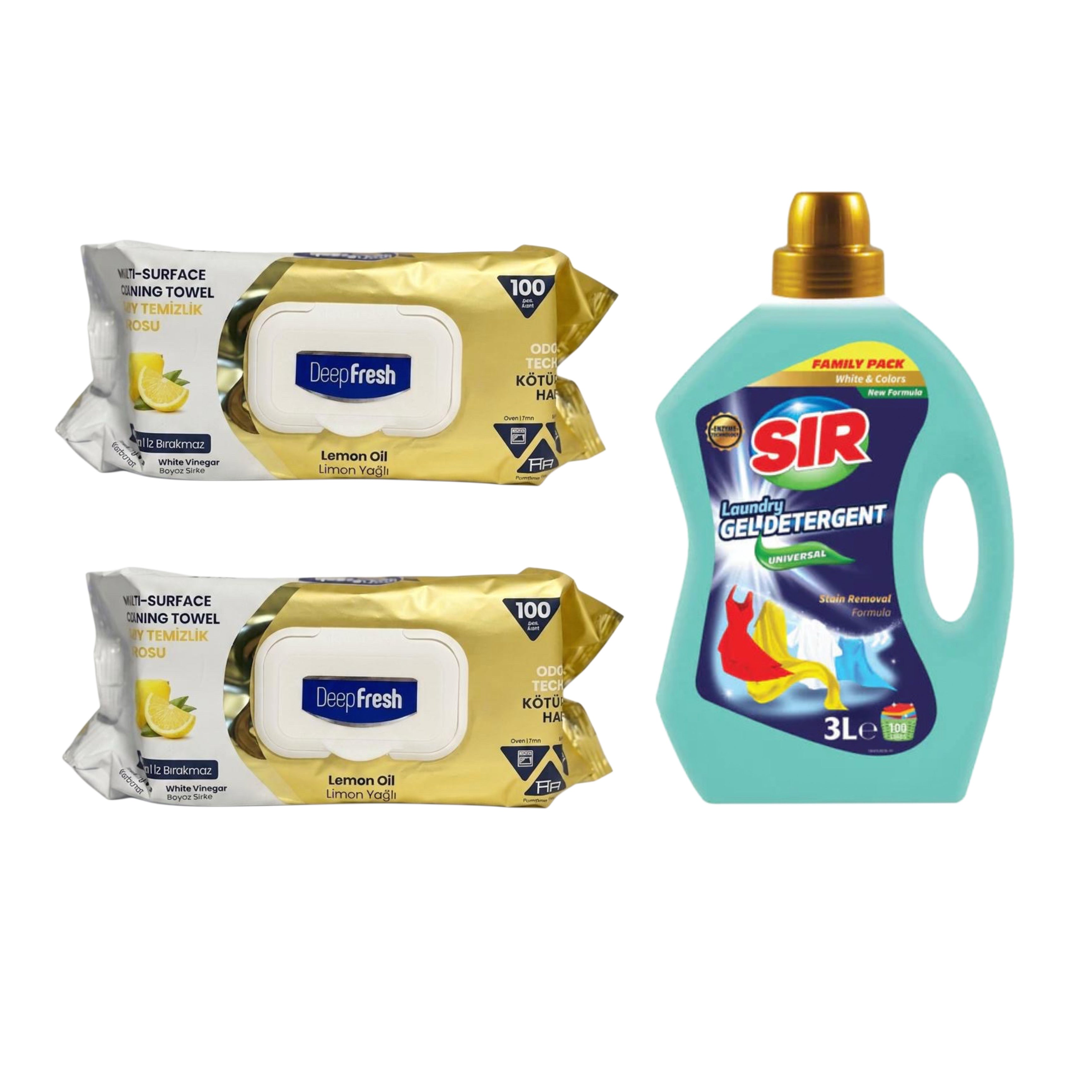 Şerveţele umede pentru multi suprafeţe cu Lămâie, bicarbonat şi oțet Deep Fresh Odor Lock Technology 100 de bucăți x 2 pachete + Detergent pentru haine albe și colorate Sir White & Colors 3 Litri