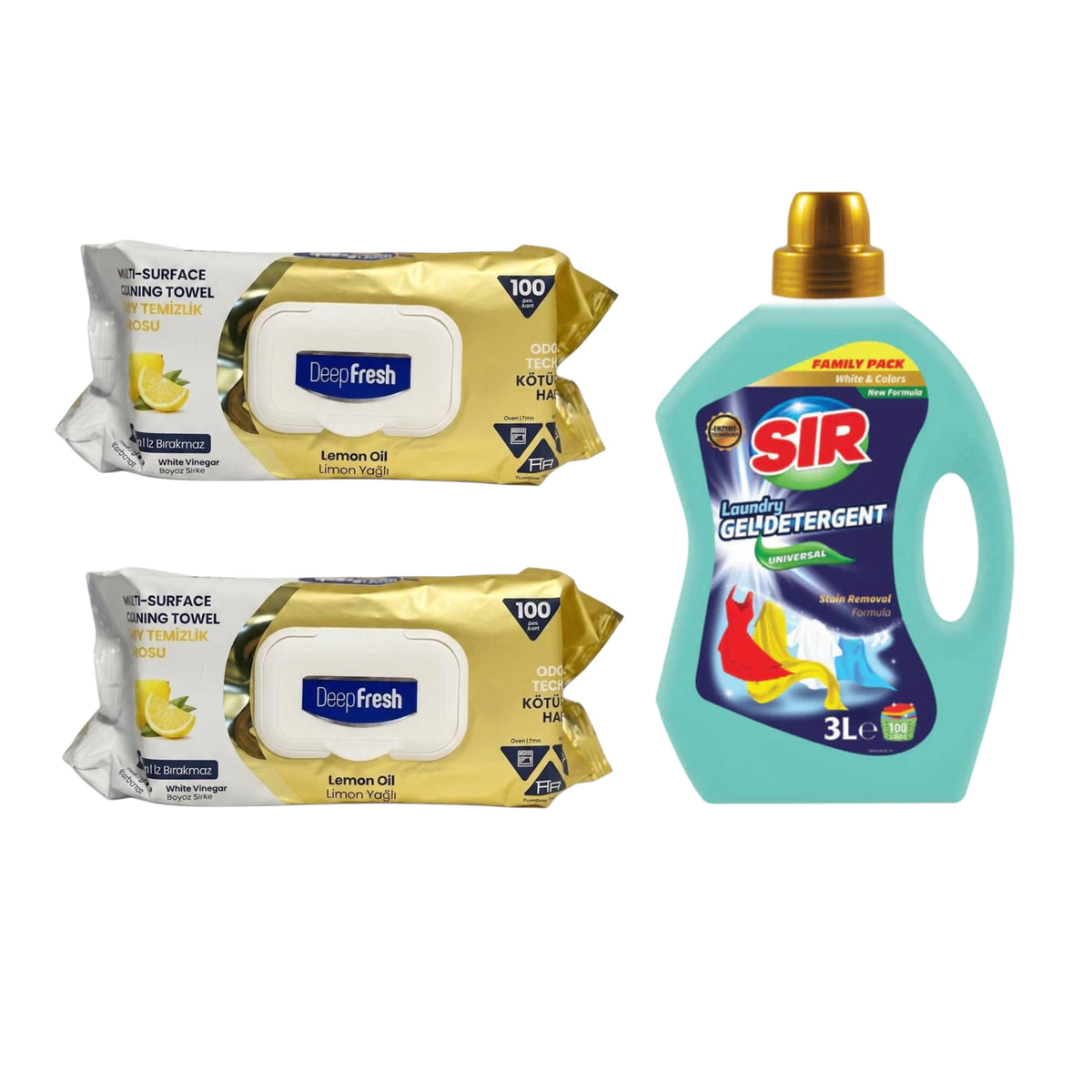 Şerveţele umede pentru multi suprafeţe cu Lămâie, bicarbonat şi oțet Deep Fresh Odor Lock Technology 100 de bucăți x 2 pachete + Detergent pentru haine albe și colorate Sir White & Colors 3 Litri