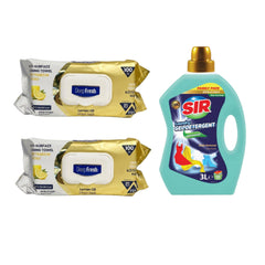 Şerveţele umede pentru multi suprafeţe cu Lămâie, bicarbonat şi oțet Deep Fresh Odor Lock Technology 100 de bucăți x 2 pachete + Detergent pentru haine albe și colorate Sir White & Colors 3 Litri
