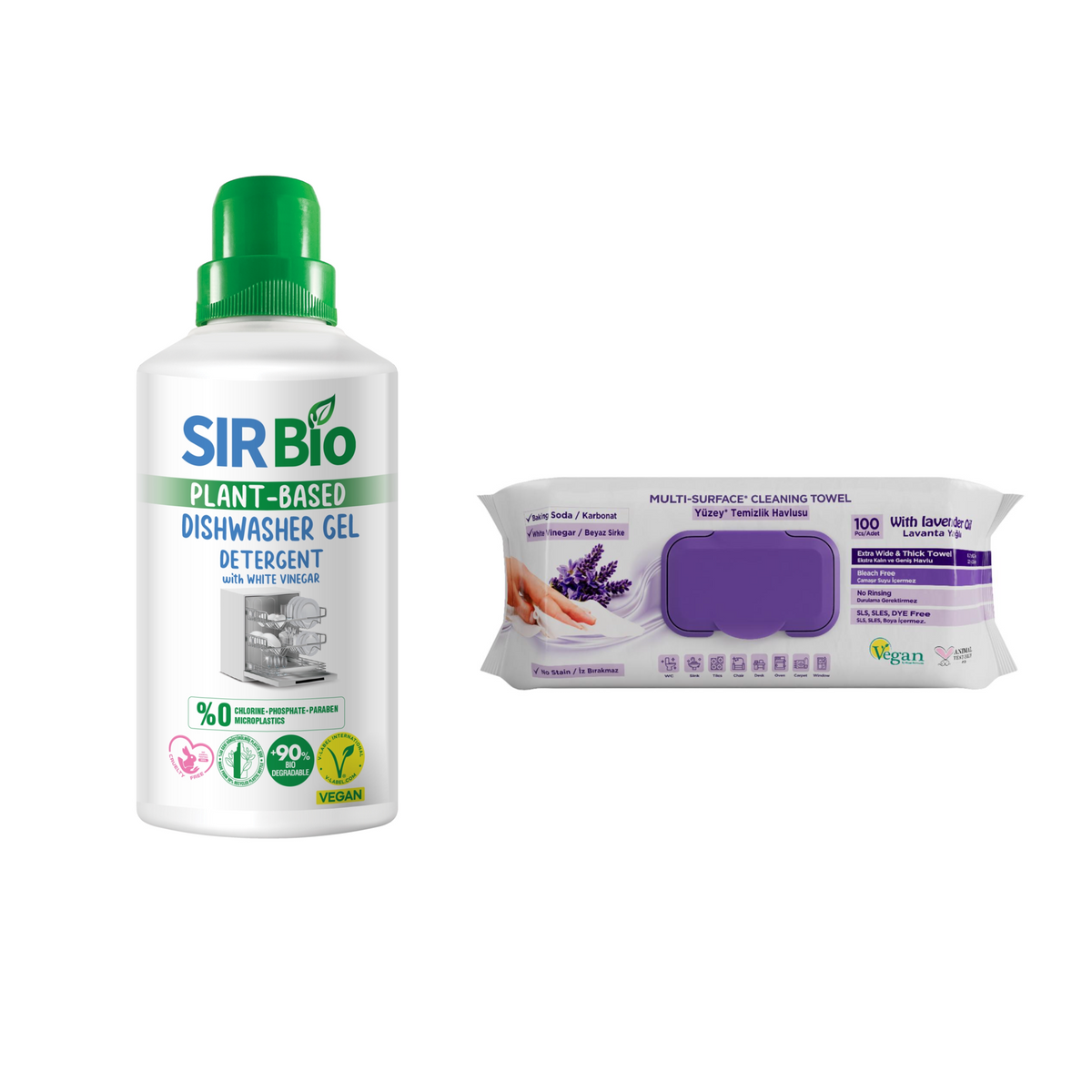 Detergent gel pentru maşina de spălat vase Sir Bio 1000 ml + Şerveţele umede pentru multi suprafeţe cu lavandă , bicarbonat şi oțet Deep Fresh 100 de bucăți - Redist