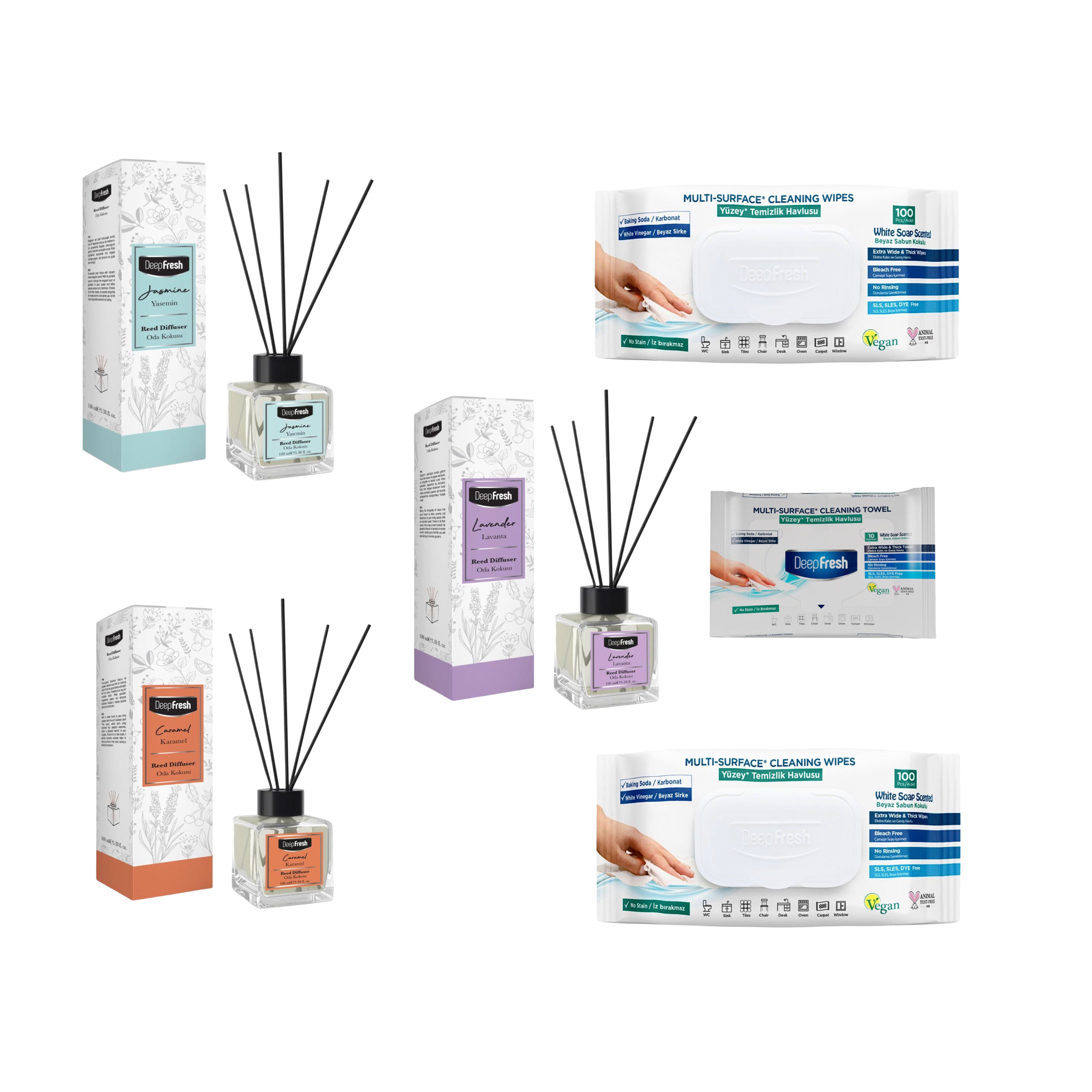 Odorizant de camera cu betisoare DeepFresh 100 ml × 3 bucaţi  + Şerveţele umede pentru multi suprafeţe cu bicarbonat şi oțet Deep Fresh 100 de bucăți × 2 pachete  + Servetele umede DeepFresh 10 bucăți - Redist