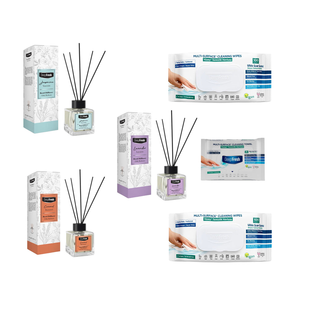 Odorizant de camera cu betisoare DeepFresh 100 ml × 3 bucaţi  + Şerveţele umede pentru multi suprafeţe cu bicarbonat şi oțet Deep Fresh 100 de bucăți × 2 pachete  + Servetele umede DeepFresh 10 bucăți - Redist