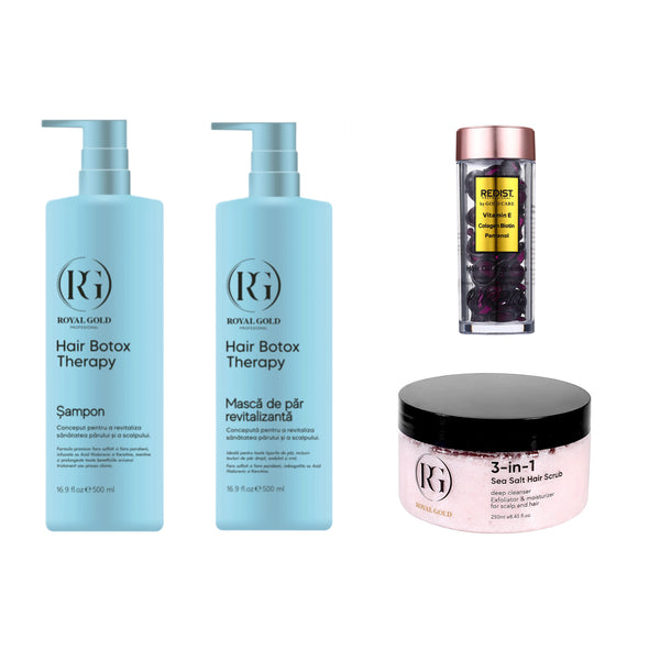 Gama hidratare intensă Boto Therapy + Scrub pentru scalp 3 în 1 Royal Gold + Capsule ser tratament Biotina Royal Gold