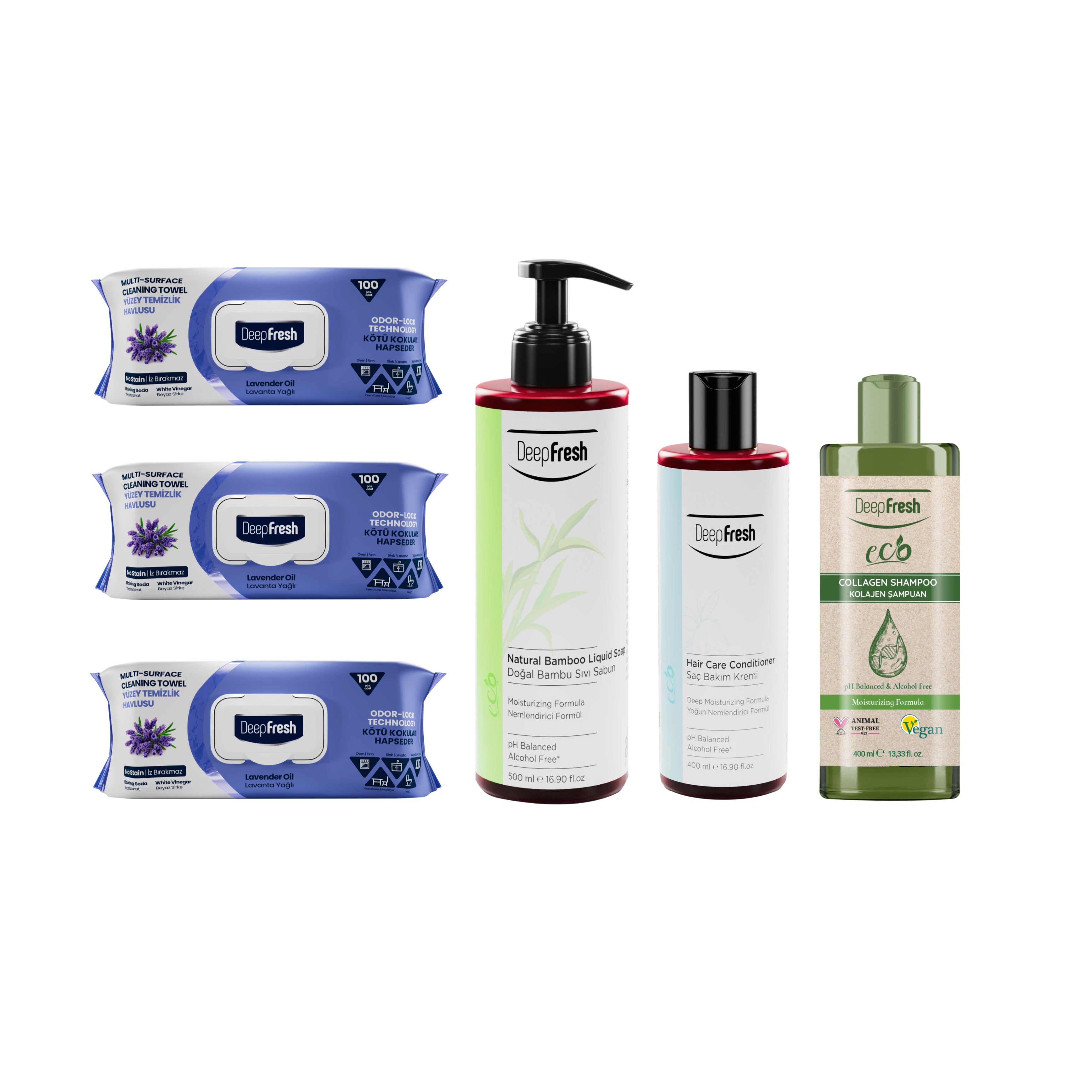 Șervețele mulți suprafețe cu Lavandă bicarbonat și oțet Deep Fresh Odor Lock Technology 100 buc × 3 pachete + Gama DeepFresh Eco