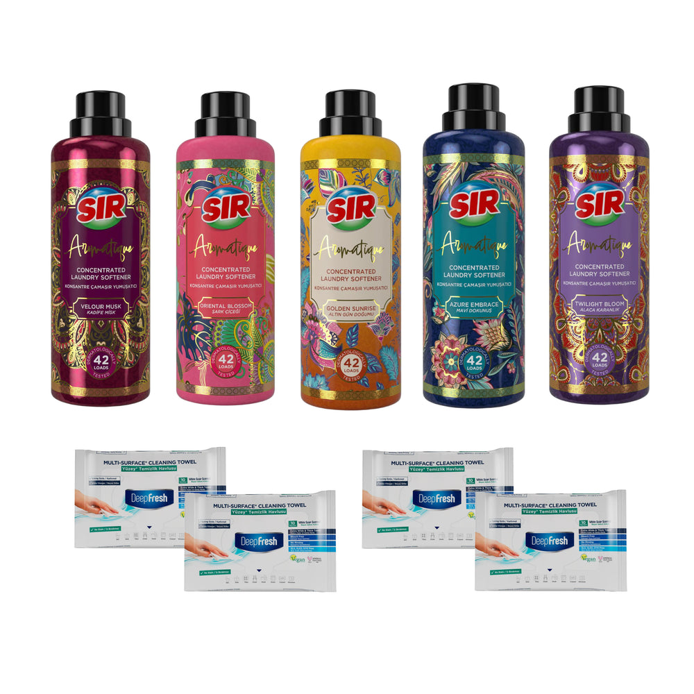 Balsam de rufe SIR Aromatique Concentrat 5 parfumuri + Șervețele multisuprafețe cu bicarbonat si oțet Deep Fresh 10 bucăți × 4 pachete - Redist