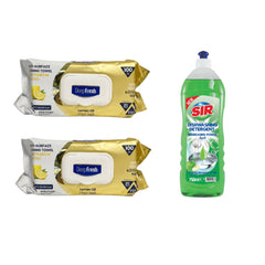 Şerveţele umede pentru multi suprafeţe cu Lămâie, bicarbonat şi oțet Deep Fresh Odor Lock Technology 100 de bucăți x 2 pachete + Detergent pentru vase Sir Apple
