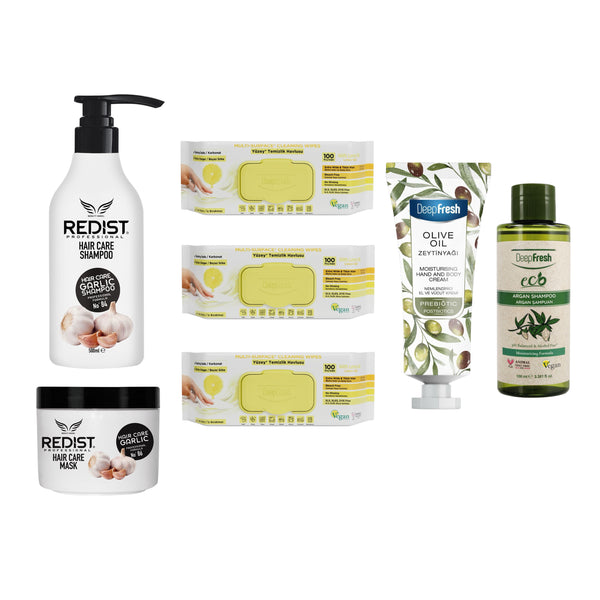 Gama cu extract de usturoi Redist + Șervețele multisuprafeţe bicarbonat, oțet și lămâie × 3 pachete + Șampon Eco Argan + Cremă mâini și corp cu ulei de măsline