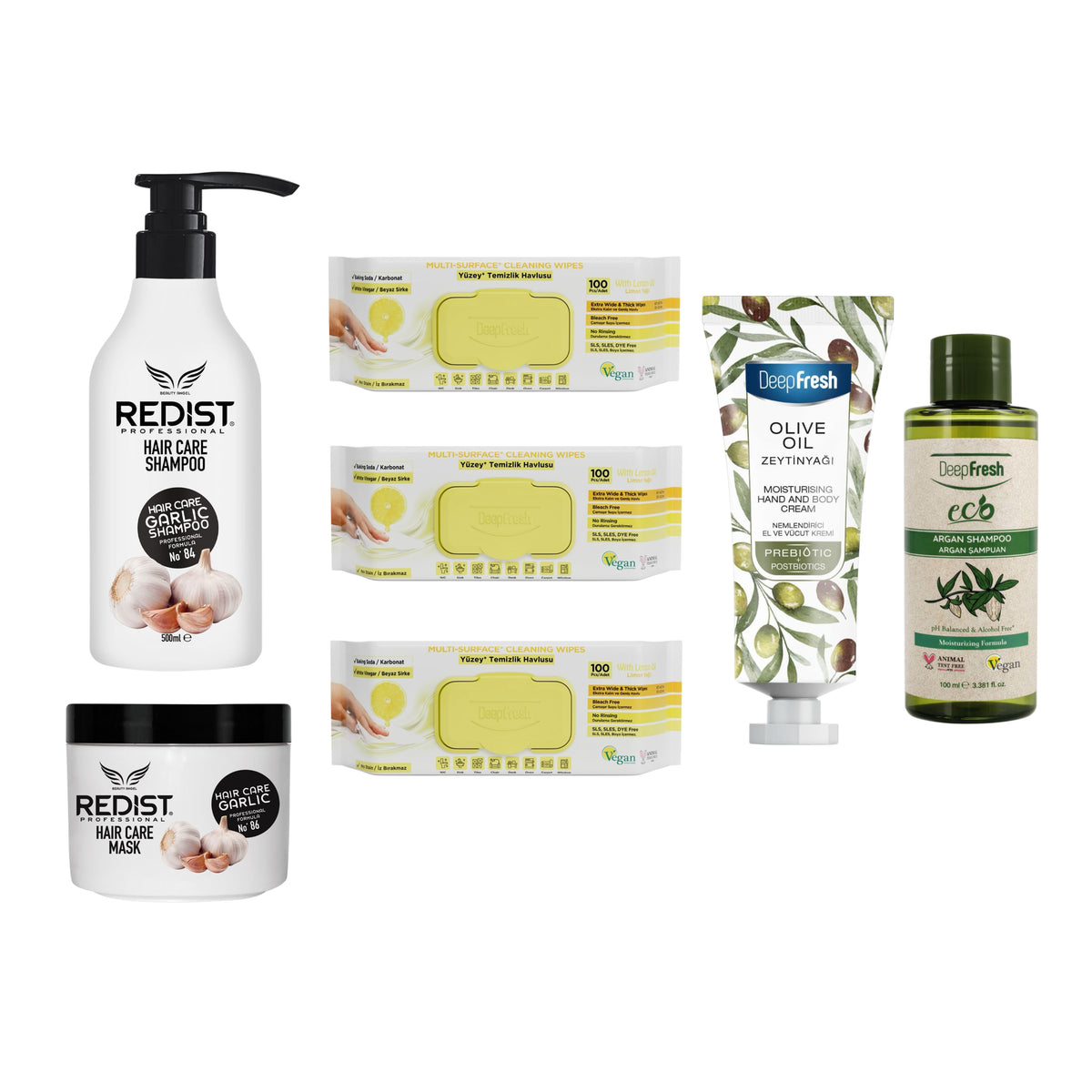 Gama cu extract de usturoi Redist + Șervețele multisuprafeţe bicarbonat, oțet și lămâie × 3 pachete + Șampon Eco Argan + Cremă mâini și corp cu ulei de măsline