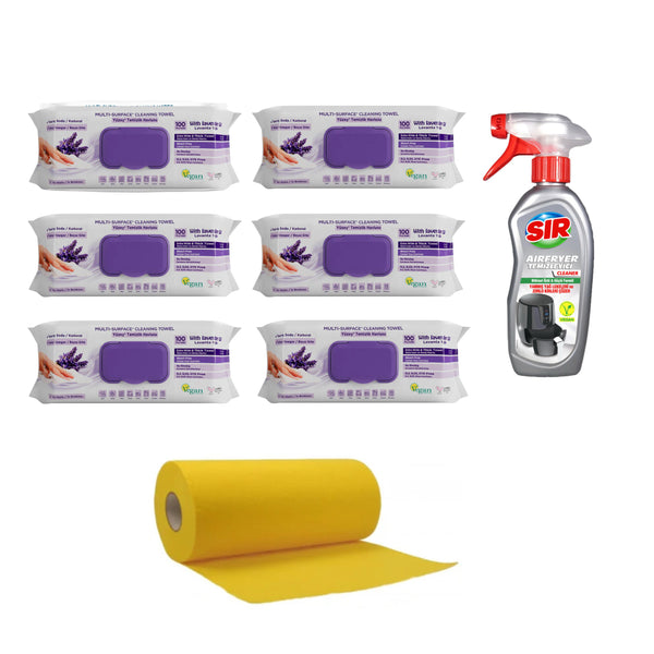 Şerveţele umede pentru multi suprafeţe cu lavandă , bicarbonat şi oțet Deep Fresh 100 de bucăți × 6 pachete + Soluție pentru curățare aparate Air Fryer Sir  + Lavete