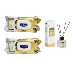Şerveţele umede pentru multi suprafeţe cu Lămâie, bicarbonat şi oțet Deep Fresh Odor Lock Technology 100 de bucăți x 2 pachete + Odorizant de cameră cu bețișoare Deep Fresh VANILLA