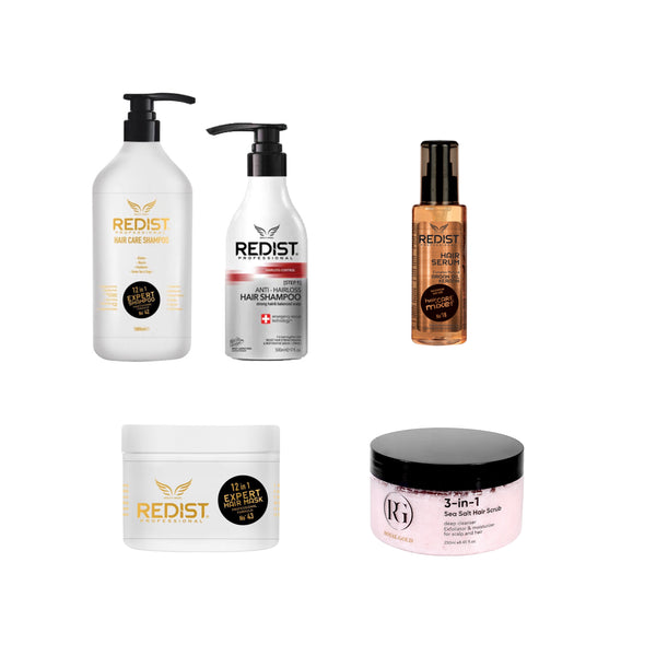Sampon Redist Professional 12 in 1 Expert 1000 ml și Masca de păr Redist Professional 12 in 1 Expert 475 ml + Sampon Anti Hair Loss Redist 500 ml + Ser cu Argan si Keratina Redist 125 ml + Scrub pentru scalp 3 în 1 Royal Gold