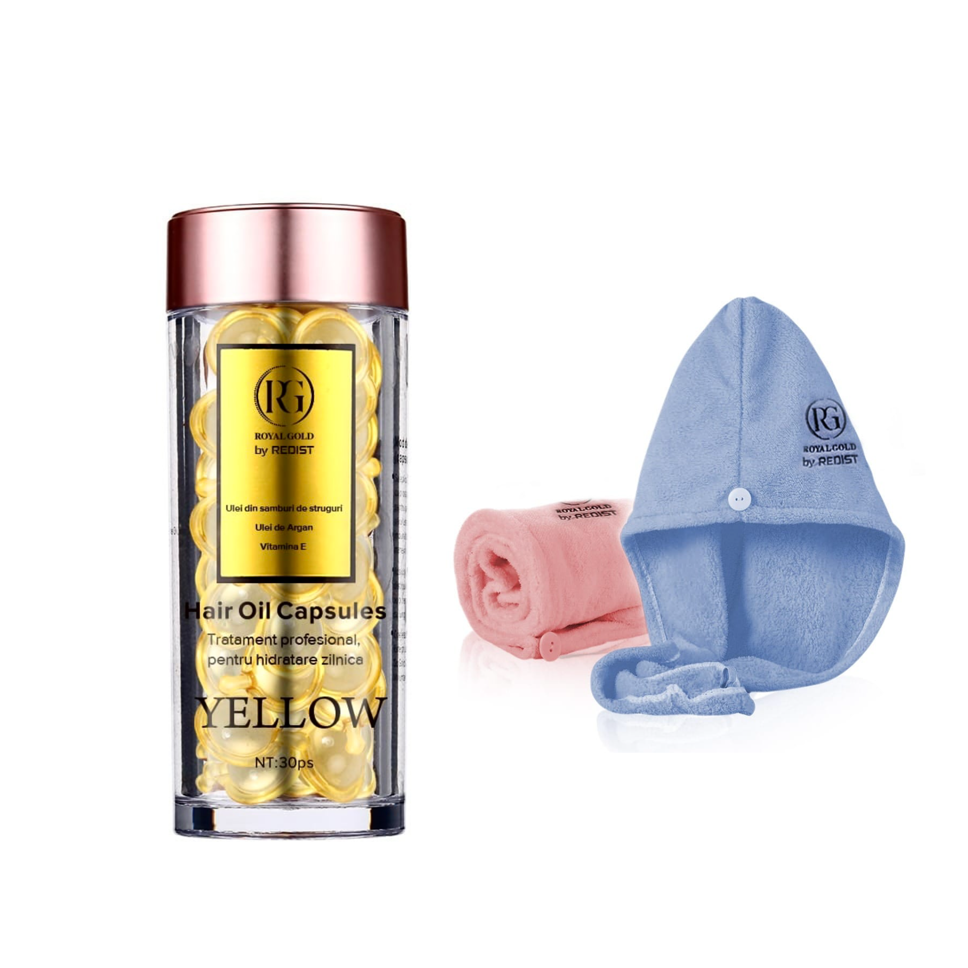 Capsule ser tratament pentru par Yellow Royal Gold by REDIST 30 buc + Set 2 prosoape pentru par Redist by Royal Gold - Redist