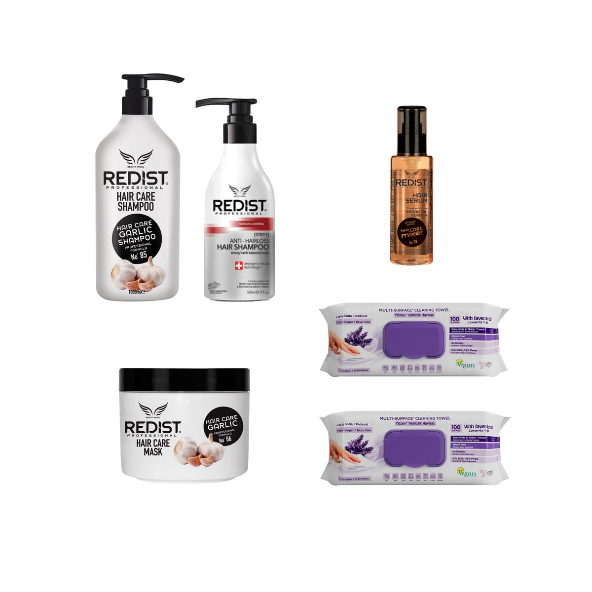Sampon cu usturoi 1000 ml si Masca cu usturoi + Sampon Anti Hair Loss Redist 500 ml +Ser de par cu Argan si Keratina Redist 125 ml +Şerveţele umede pentru multi suprafeţe cu lavandă , bicarbonat şi oțet Deep Fresh 100 de bucăți × 2 pachete - Redist