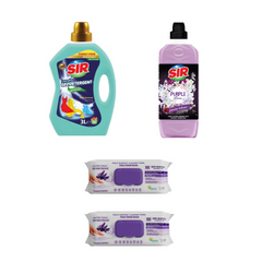 Detergent pentru haine albe și colorate Sir White & Colors + Balsam de rufe Sir Purple Lovers + Şerveţele umede multi suprafeţe cu lavandă , bicarbonat şi oțet Deep Fresh 100 de bucăți × 2 pachete - Redist