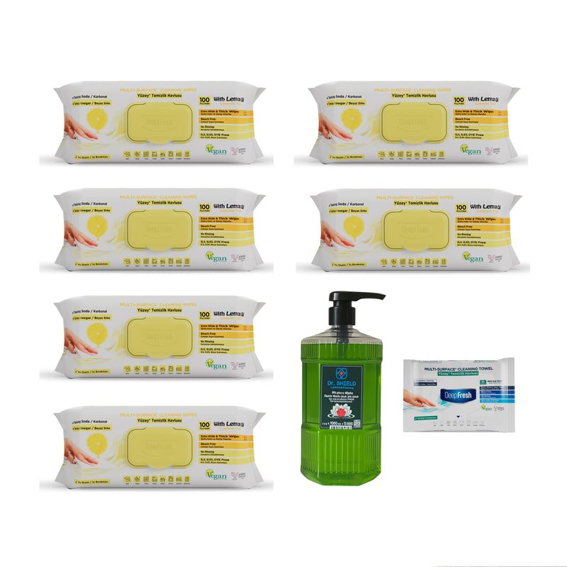 Şerveţele umede pentru multi suprafeţe cu lămâie , bicarbonat şi oțet Deep Fresh 100 de bucăți × 6 pachete + Cadou: Sapun lichid pentru mâini Dr. Shield 1000 ml + Şerveţele umede pentru multi suprafeţe cu bicarbonat şi oțet Deep Fresh 10 bucăți