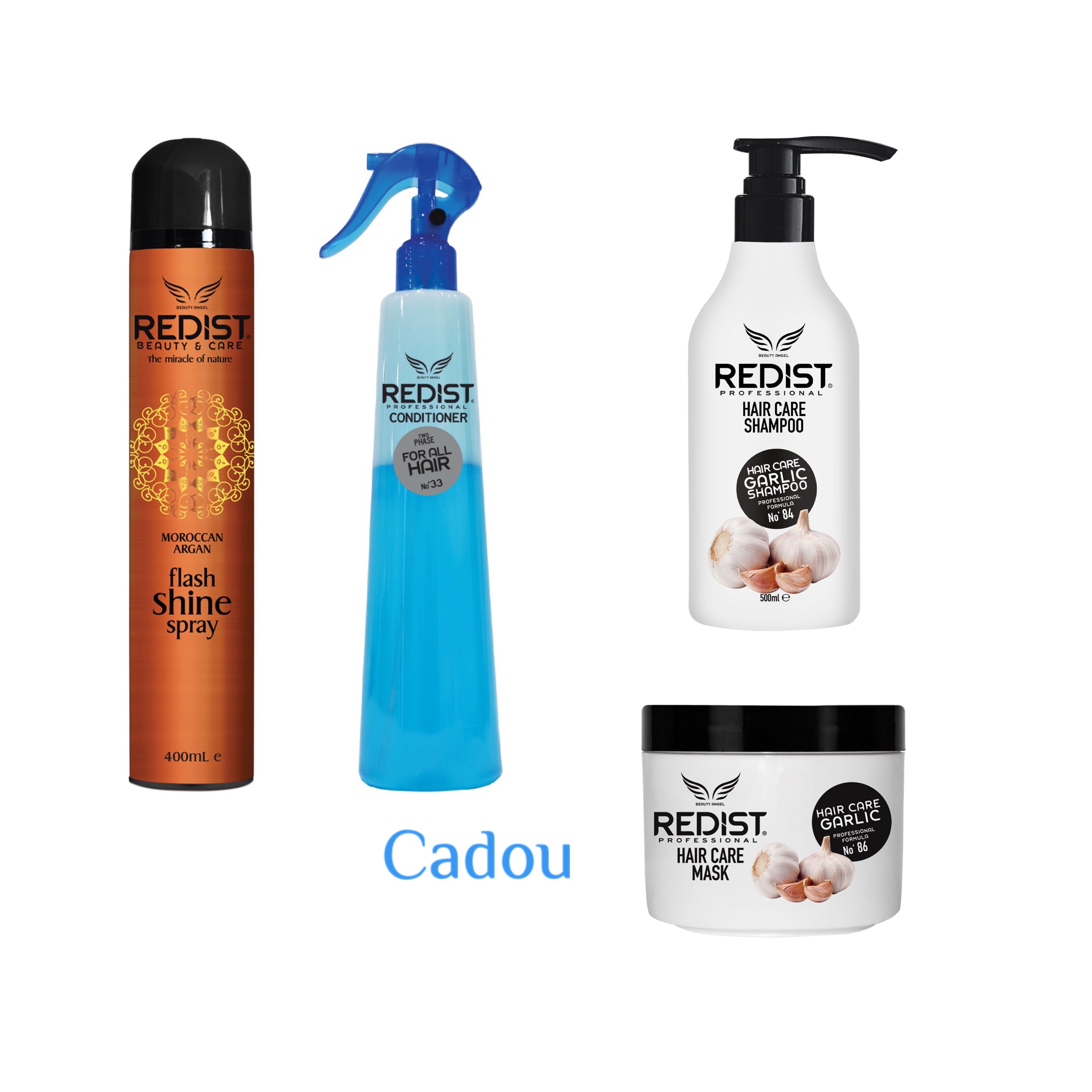 Gama cu usturoi Sampon 500 ml + Masca usturoi 475 ml + Spray pentru stralucire Redist +Cadou: Balsam bifazic Redist pentru toate tipurile de par 400ml - Redist