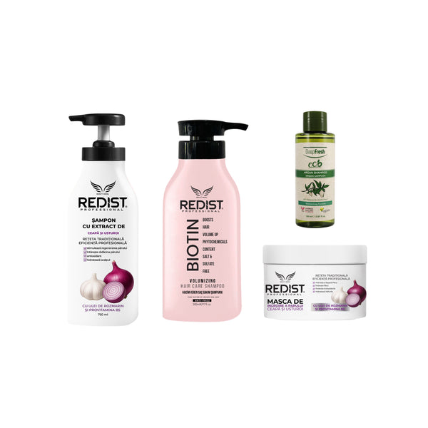 Gama cu extract de ceapă și usturoi Redist + Șampon Biotina Redist + Șampon Eco cu ulei de Argan DeepFresh