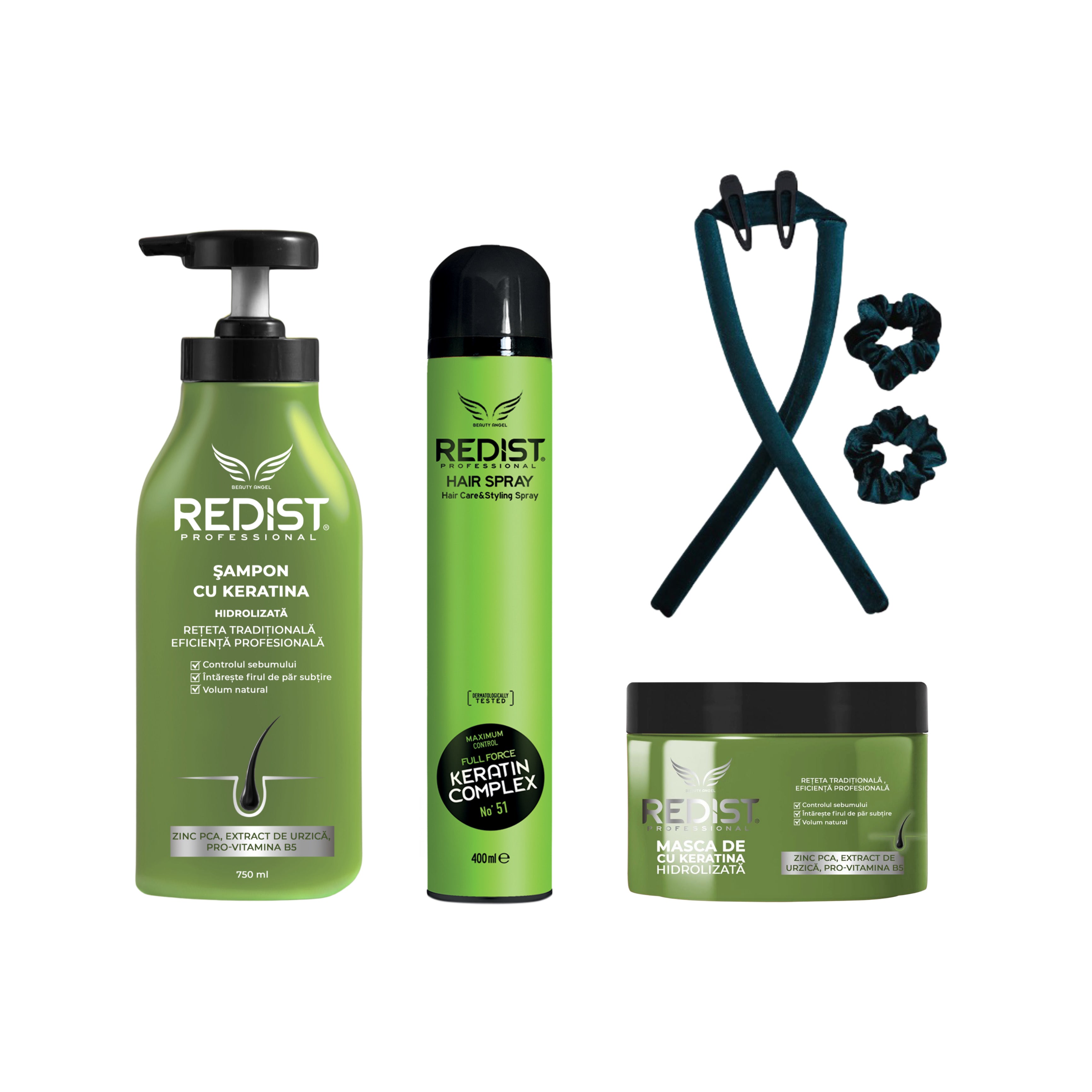 Gama Redist Keratina hidrolizata + Ondulator de păr fara caldura + Fixativ Full Force Keratine Complex - Redist