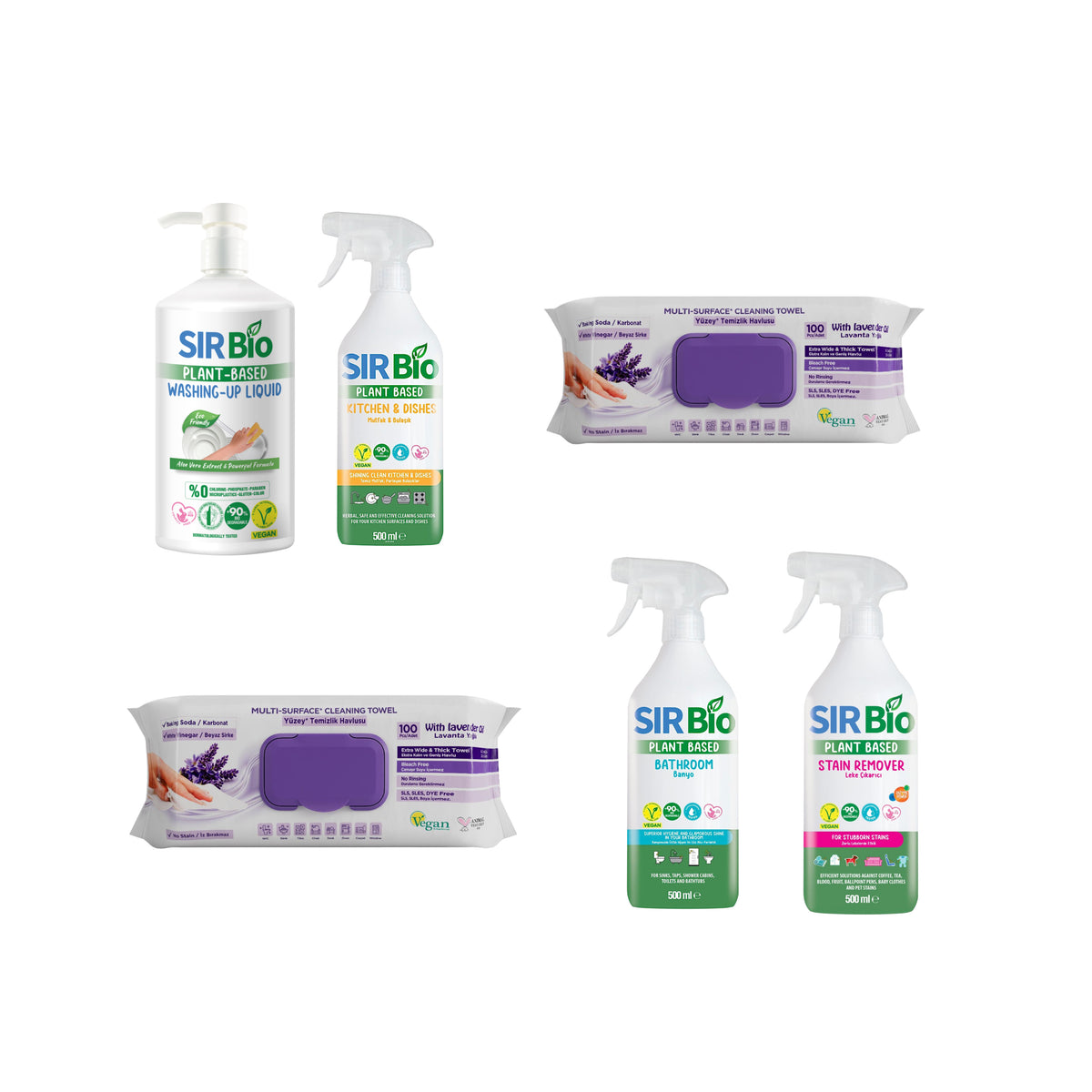 Pachet bio de curăţat casa : Soluţie de curăţat bucătăria Sir Bio 500 ml + Soluţie de curăţat baia Sir Bio 500 ml + Soluţie ȋndepărtarea petelor multi suprafeţe Sir Bio 500 ml + Detergent vase Sir Bio 1000 ml + Șerveţele cu lavanda,bicarbonat si oțet × 2 - Redist