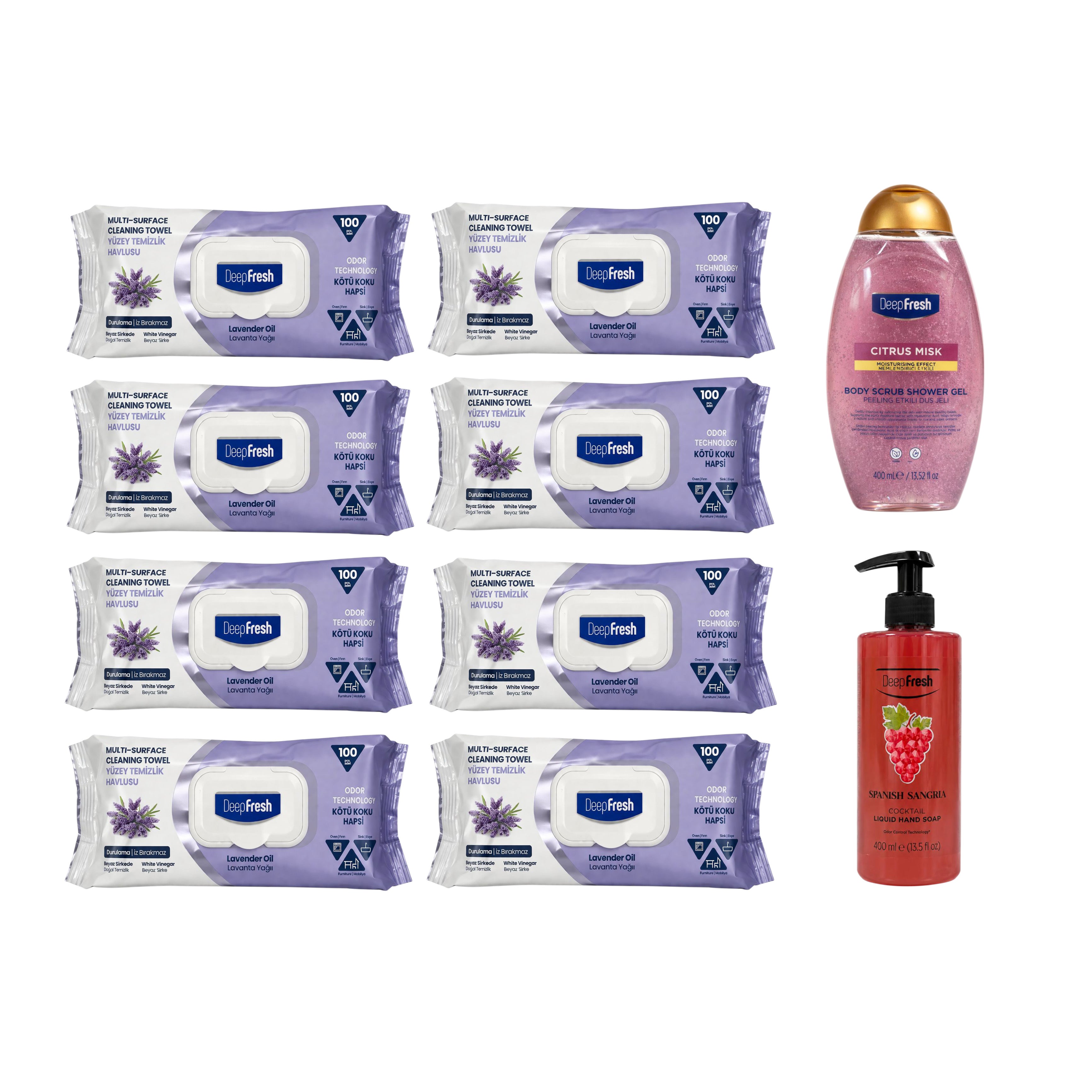 Mix & Mach: 8 x Șervețele Deep Fresh Lavandă Odor Lock + Gel de duș scrub Citrus Misk + Săpun lichid Spanish Sangria Deep Fresh