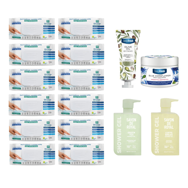Şerveţele multi suprafeţe cu bicarbonat şi oțet Clasice Deep Fresh 100 de bucăți × 12 pachete + Kit cremă mâini și corp + Gel de duș Savon de Royal Green Tea și Coffe Break