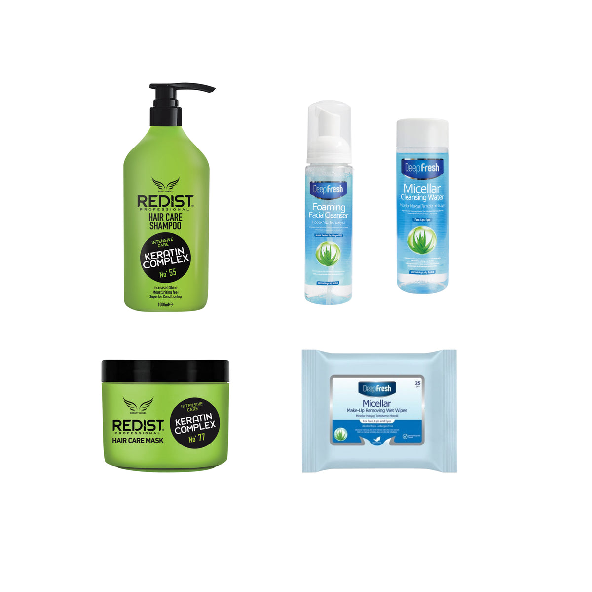 Sampon profesional cu Keratina Redist 1000 ml + Masca profesionala pentru par cu Keratina Redist 475 ml + Pachet pentru curatarea si ingrijirea tenului Deep Fresh - Gama Micellar