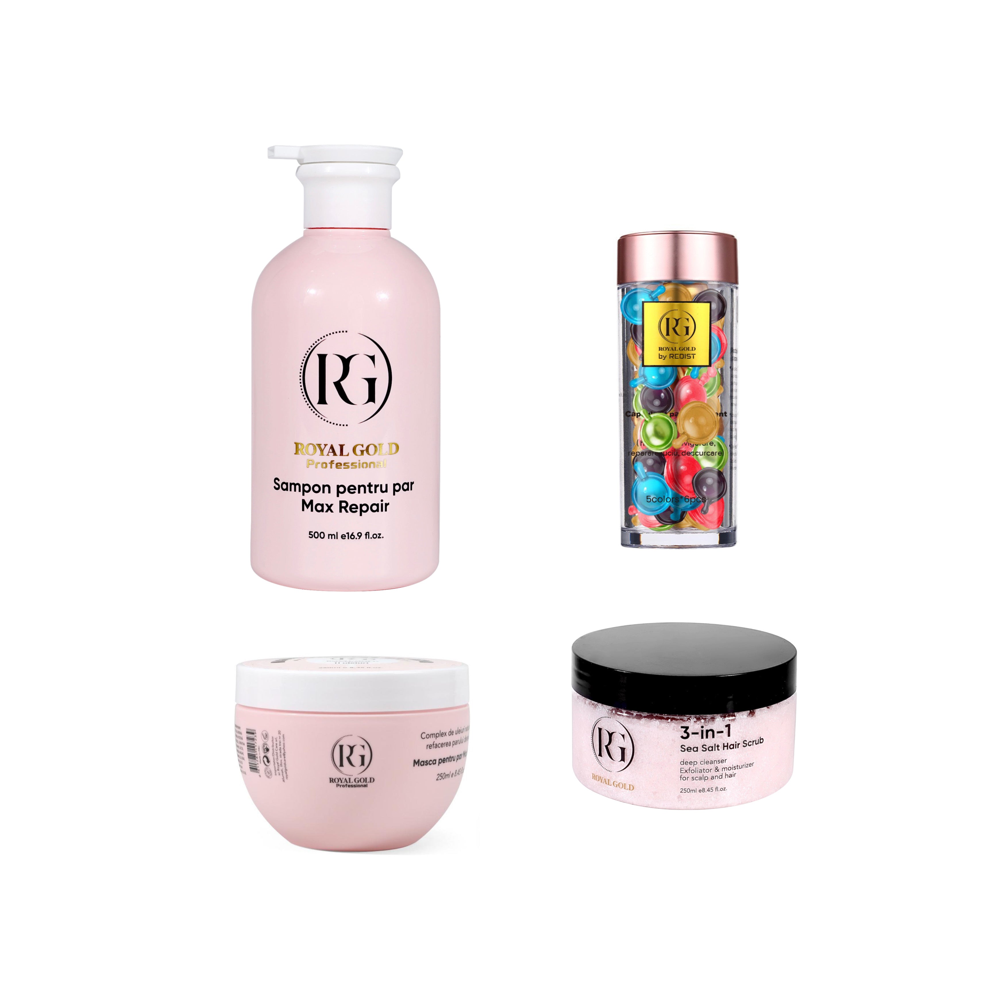 Gama Max Repair Pink pentru reparare intensă + Scrub pentru scalp 3 în 1 + Capsule ser tratament Mixt