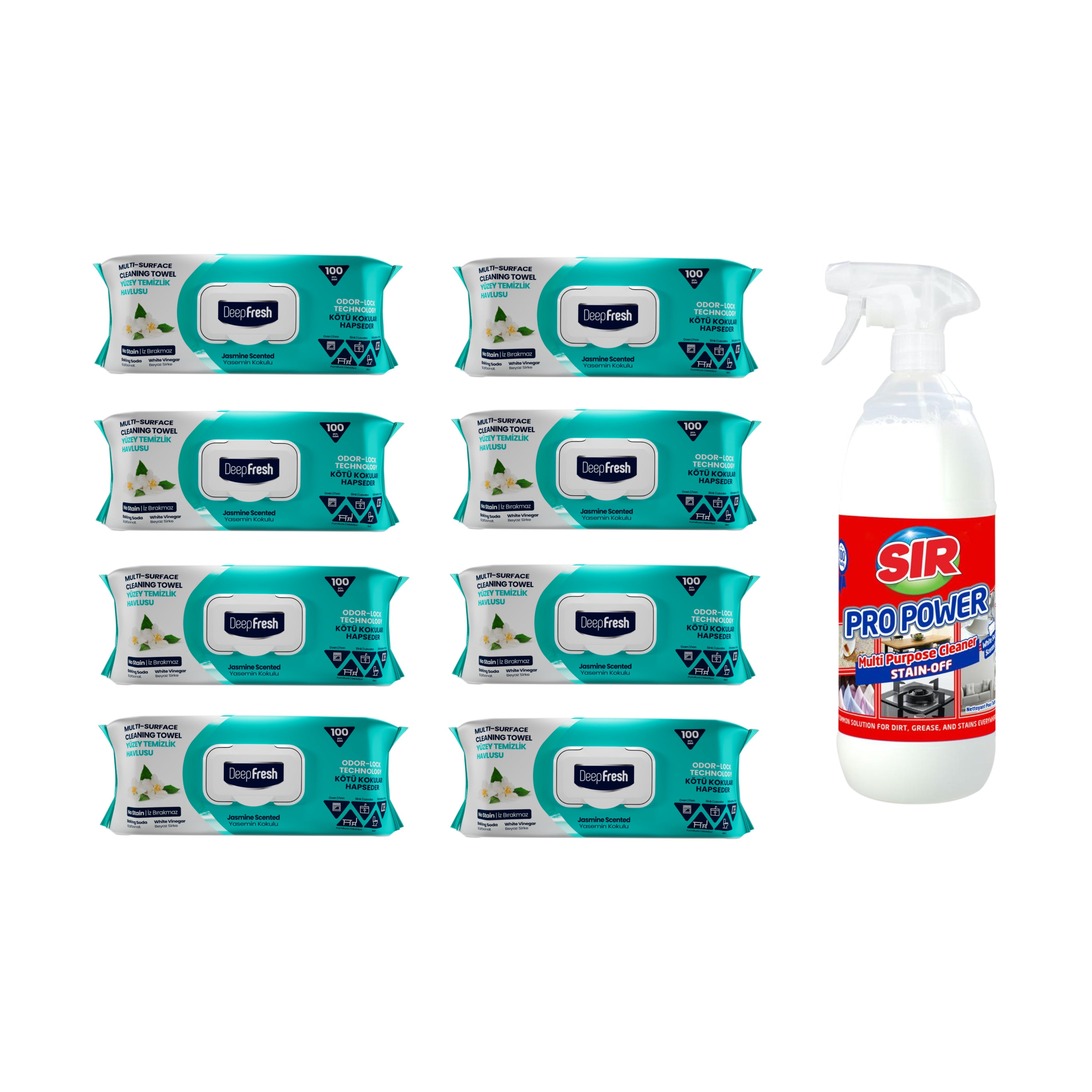 Pachet 8 șervețele Odor-Lock technology Deep Fresh Jasmine + Soluţie pentru ȋndepartarea petelor multi suprafeţe Sir Pro Power