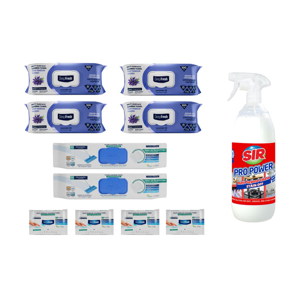 Pachet mixt : 4 șervețele Odor-Lock technology Lavandă Deep Fresh + 4 pachete Mini + 2 pachete șervețele mop clasice + Soluţie pentru ȋndepartarea petelor multi suprafeţe Sir Pro Power