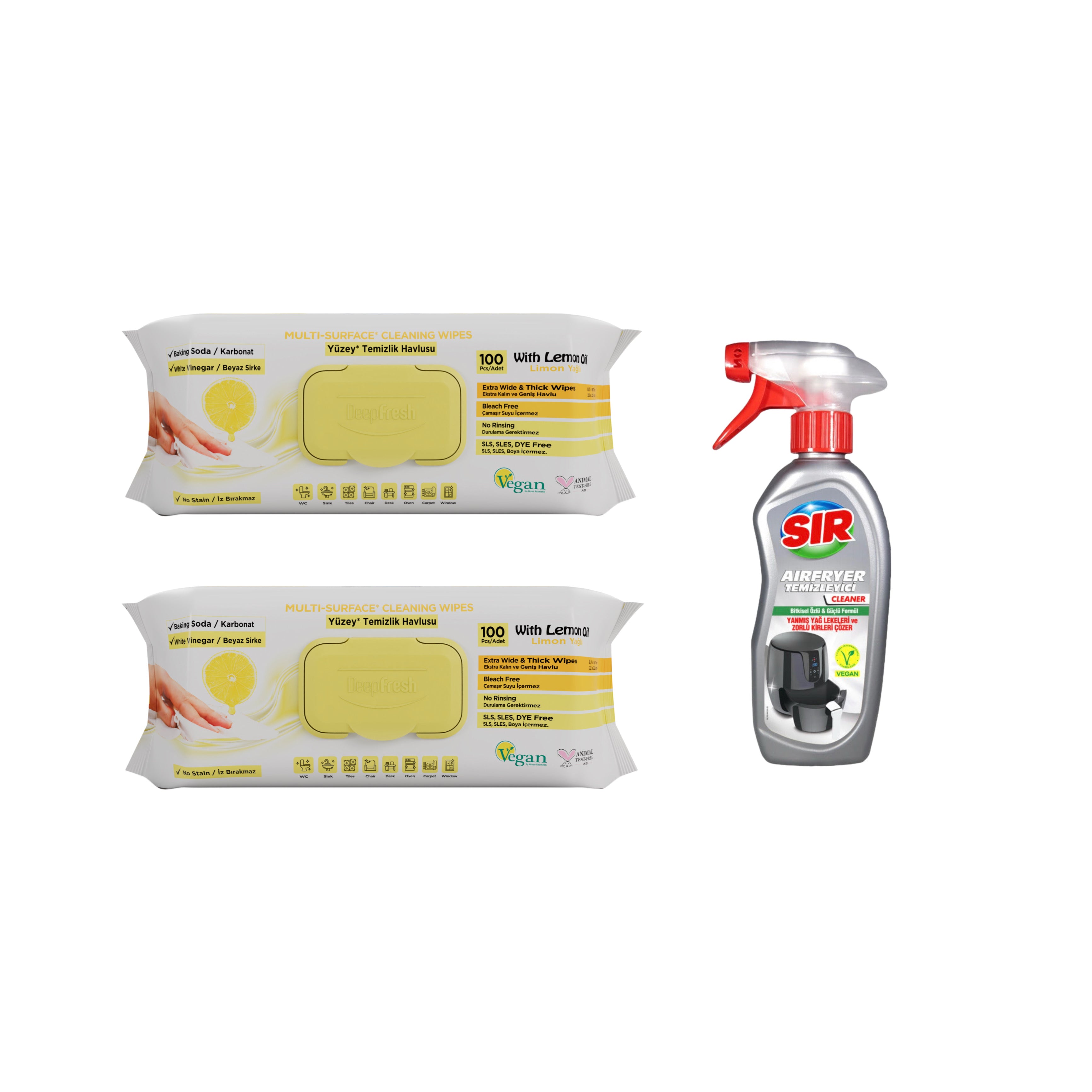 Şerveţele umede pentru multi suprafeţe cu bicarbonat, oțet și lămâie Deep Fresh 100 de bucăți × 2 pachete + Soluție pentru curățare aparate Air Fryer Sir