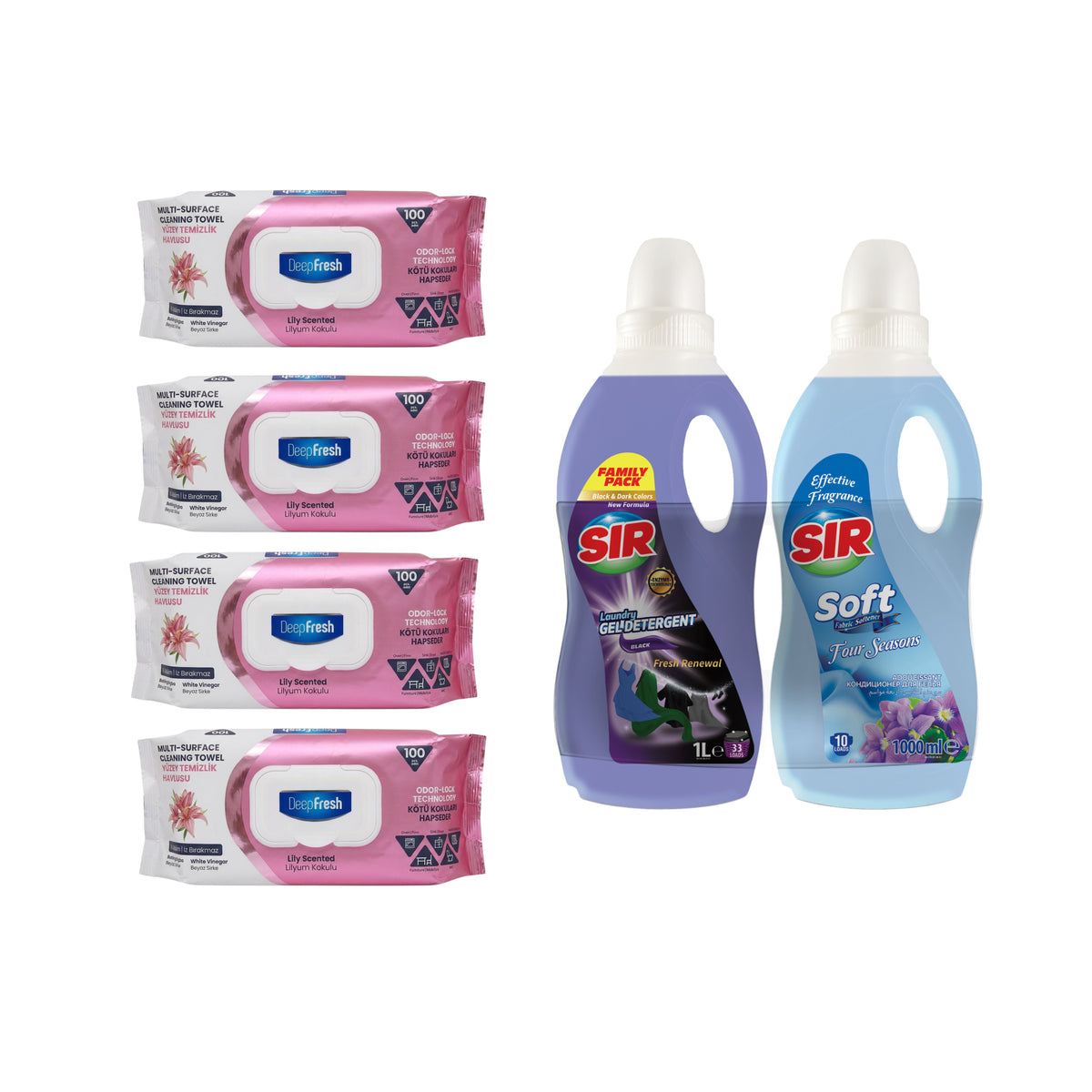 Şerveţele umede pentru multi suprafeţe cu bicarbonat şi oțet Odor Lock Crini Deep Fresh 100 de bucăți × 4 pachete + Detergent rufe negre + Balsam rufe