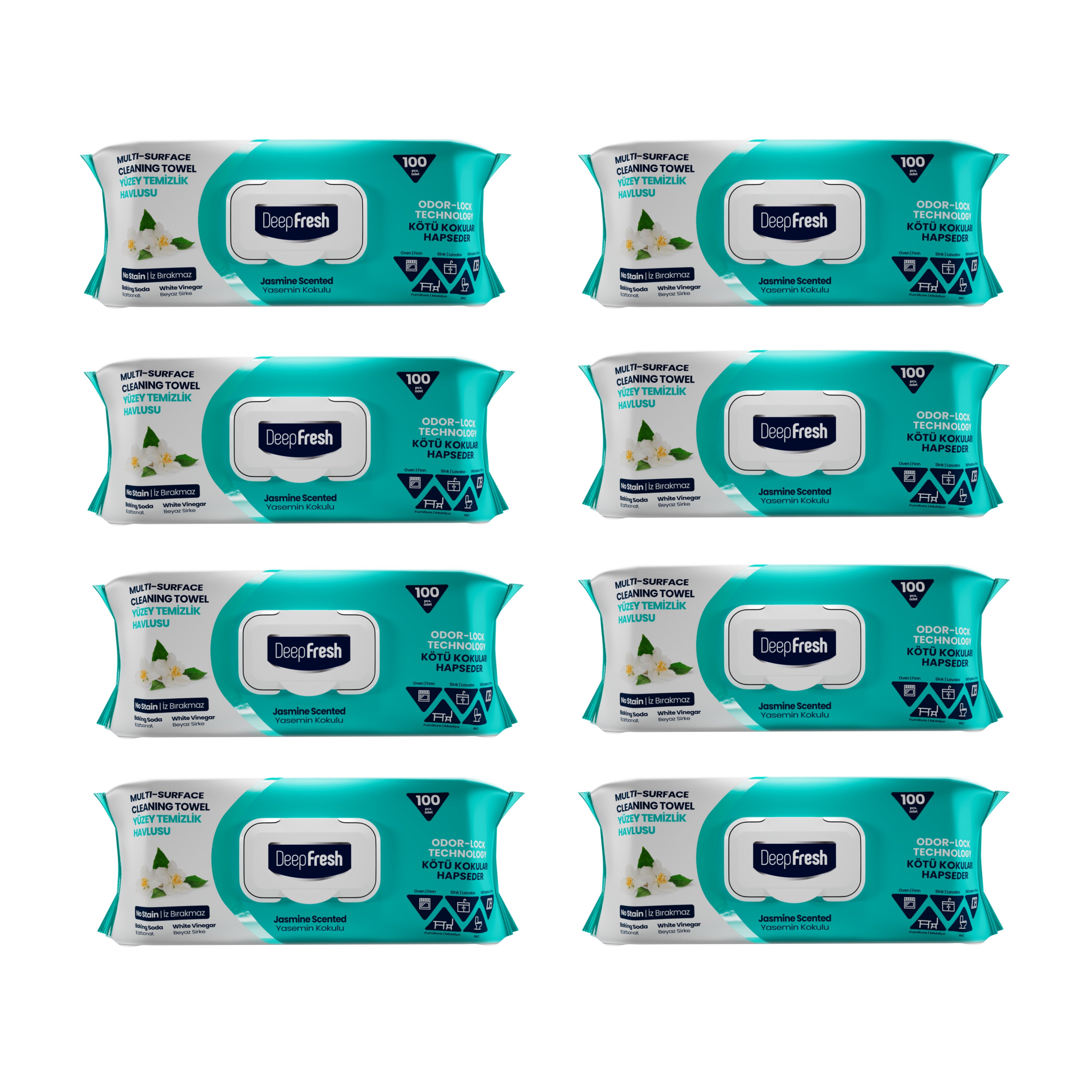 Şerveţele umede pentru multi suprafeţe cu bicarbonat şi oțet Jasmine Deep Fresh 100 bucăți × 8 pachete