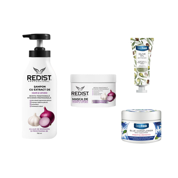 Gama Redist cu extract de ceapă și usturoi pentru creșterea și regenerarea părului + Hidratare mâini și corp