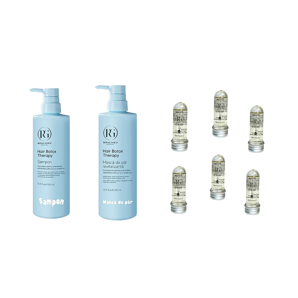 Șampon Hair Boto Therapy by Royal Gold 500 ml + Mască de păr revitalizantă Boto Therapy  by Royal Gold 500 ml + Mască de păr lichidă fiolă tratament Redist 13 ml × 6 bucăți - Redist