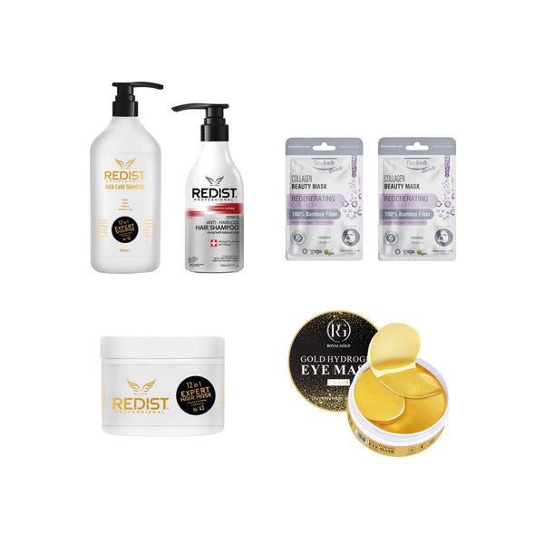 Sampon Redist Professional 12 in 1 Expert 1000 ml și Masca de păr Redist Professional 12 in 1 Expert 475 ml + Sampon Anti Hair Loss Redist 500 ml + Patchuri pentru ochi Gold Hydrogel 24K 60 buc + Masca servetel pentru fata revitalizanta cu Collagen ×2 buc