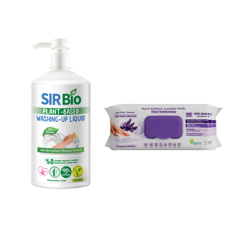 Detergent pentru vase Sir Bio 1000 ml + Şerveţele umede pentru multi suprafeţe cu lavandă , bicarbonat şi oțet Deep Fresh 100 de bucăți