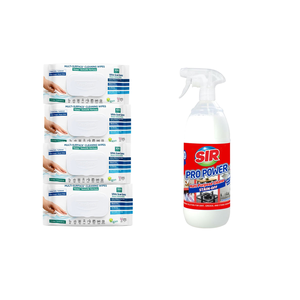 Soluţie pentru ȋndepartarea petelor multi suprafeţe Sir Pro Power 1000 ml + Şerveţele umede pentru multi suprafeţe cu bicarbonat şi oțet Deep Fresh 100 de bucăți × 4 pachete
